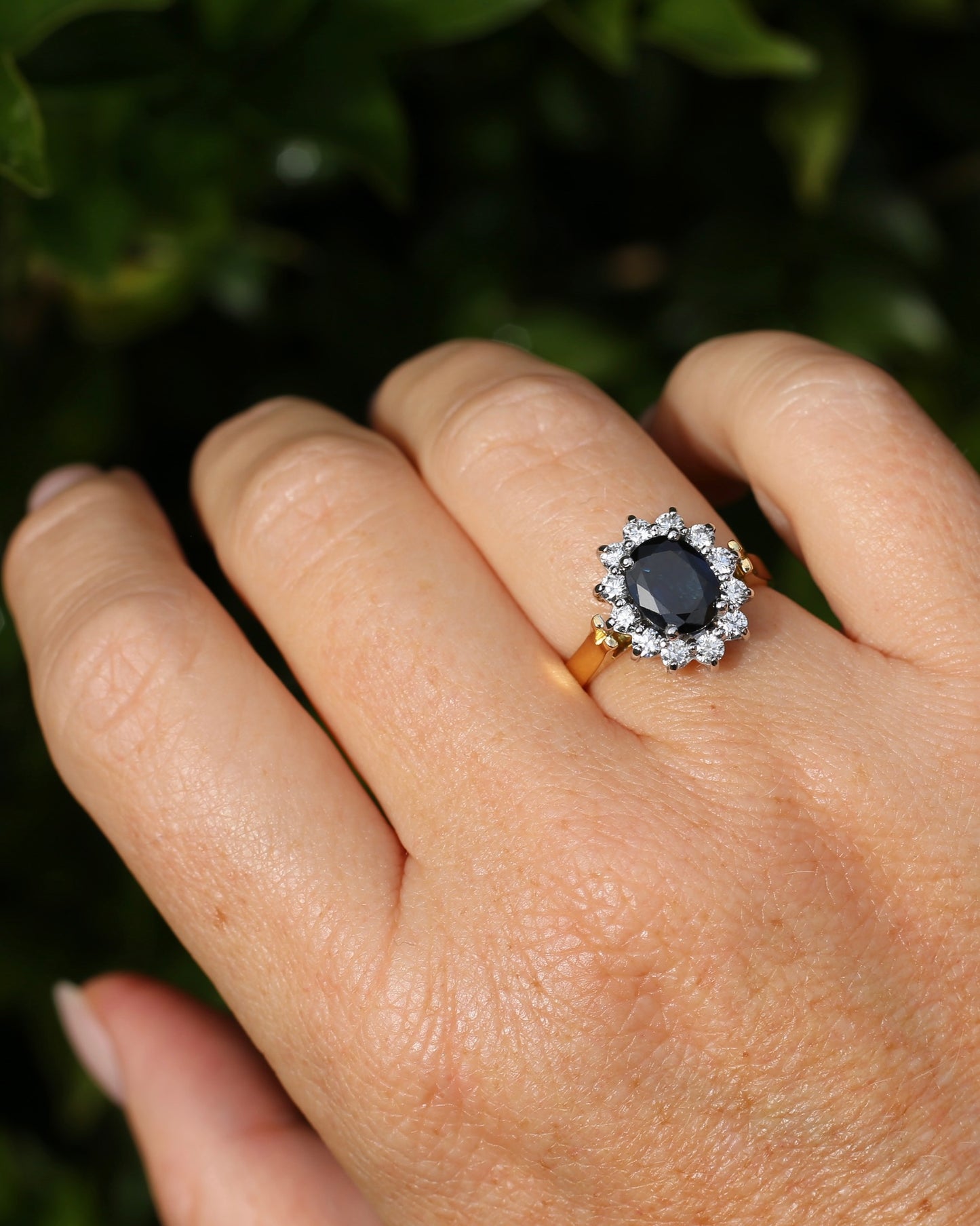 Vintage c1980s Diana Halo, Natural Sapphire and Diamond Halo, 18ct Yellow and White Gold, size P or 7.75 with valuation