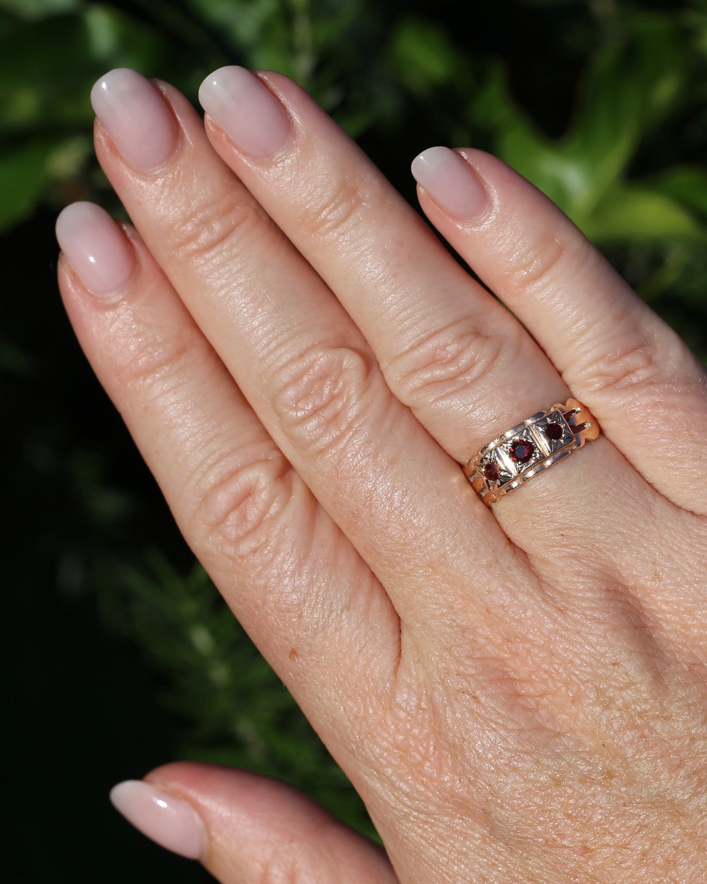 Vintage Victorian Revival Garnet Trilogy Star Set Ring, 9ct Rosey Gold, size P or 7.75, 3.16g