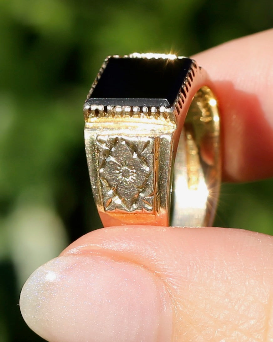 Chunky 1979 Onyx Signet with Floral Shoulders, 9ct Yellow Gold, size 10 or U