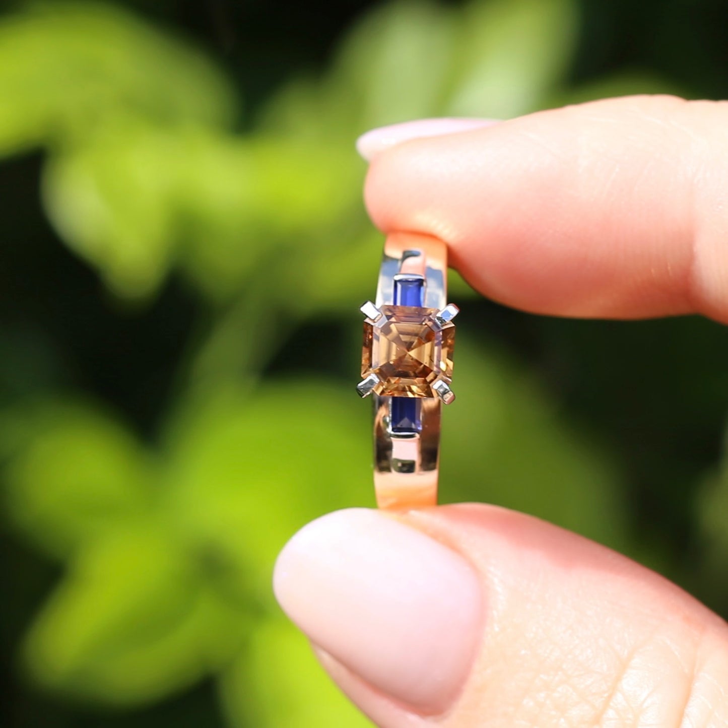1.74ct Asscher Cut Cognac Zircon with Baguette Synthetic Sapphires in Mixed White and Yellow Gold 9ct Ring, size 8.75 or just over R