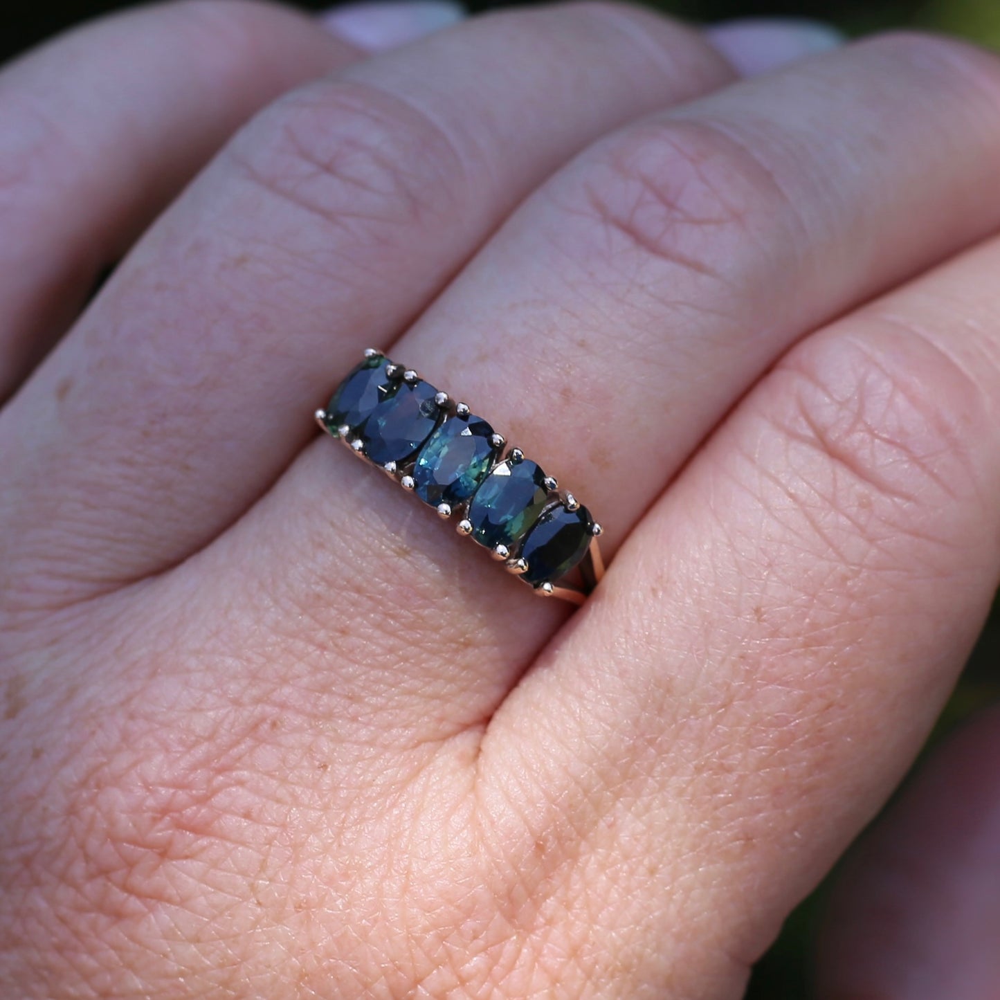 3 Carat Five Stone Parti Sapphire Ring, 9ct Yellow Gold, size R1/2 or nearly 9, with valuation