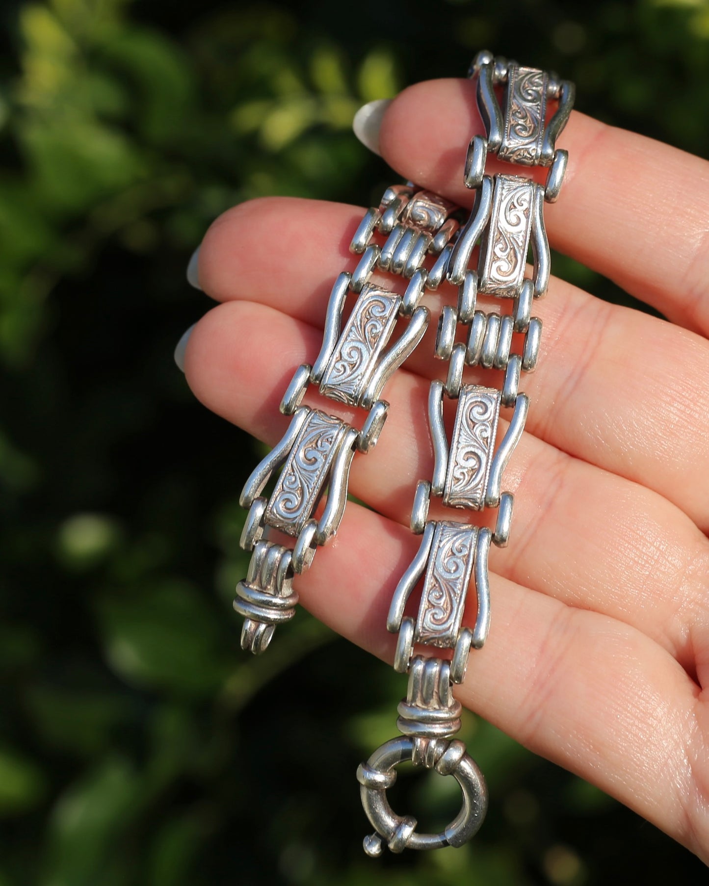 Fancy Link Engraved Bracelet, Sterling Silver, With Italian Bolt Clasp, 24.3g, 19cm