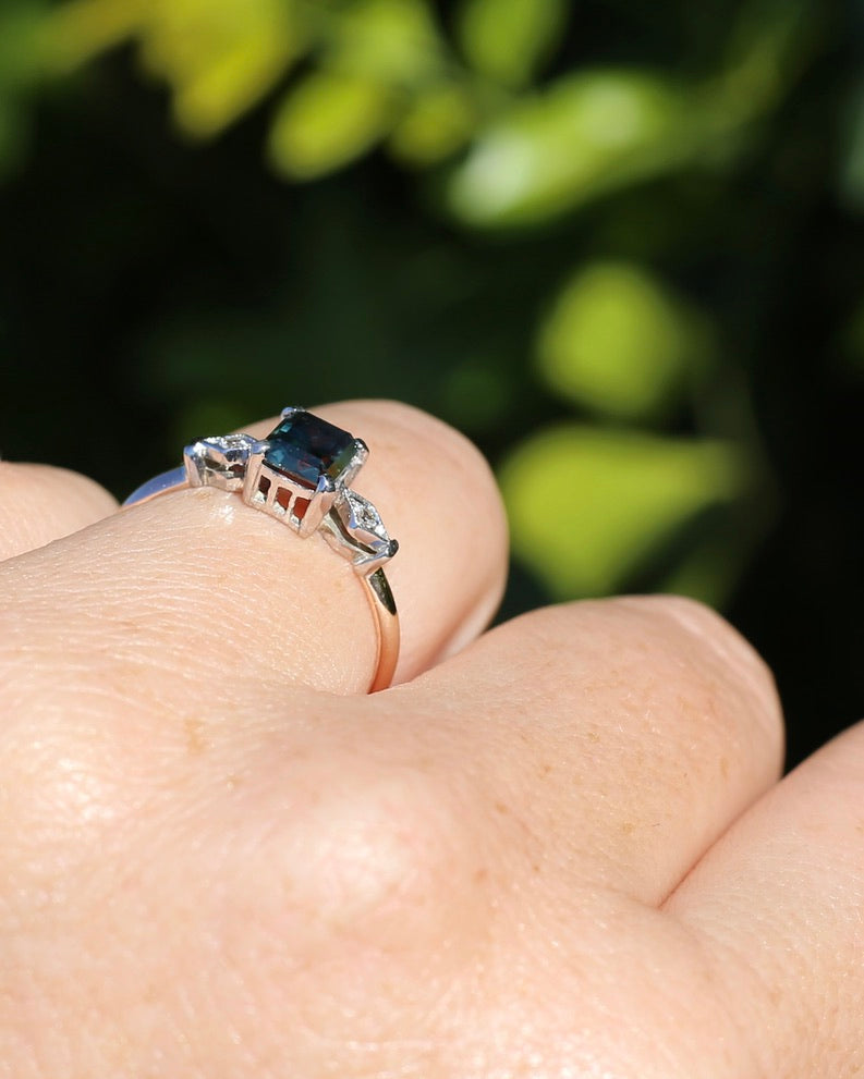 1.09ct Emerald Cut Teal Australian Sapphire With Diamonds in Vintage Trilogy Setting, 9ct Yellow and White Gold, size N1/2 or 6.75, 2.05g