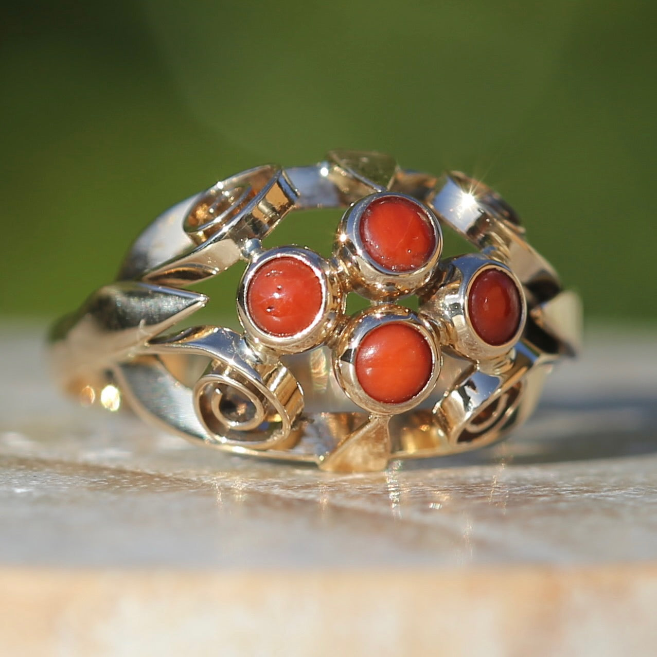 Vintage Dutch Four Stone Coral Cabochon Filigree Ring, 14ct Yellow Gold, size N1/2 or 7