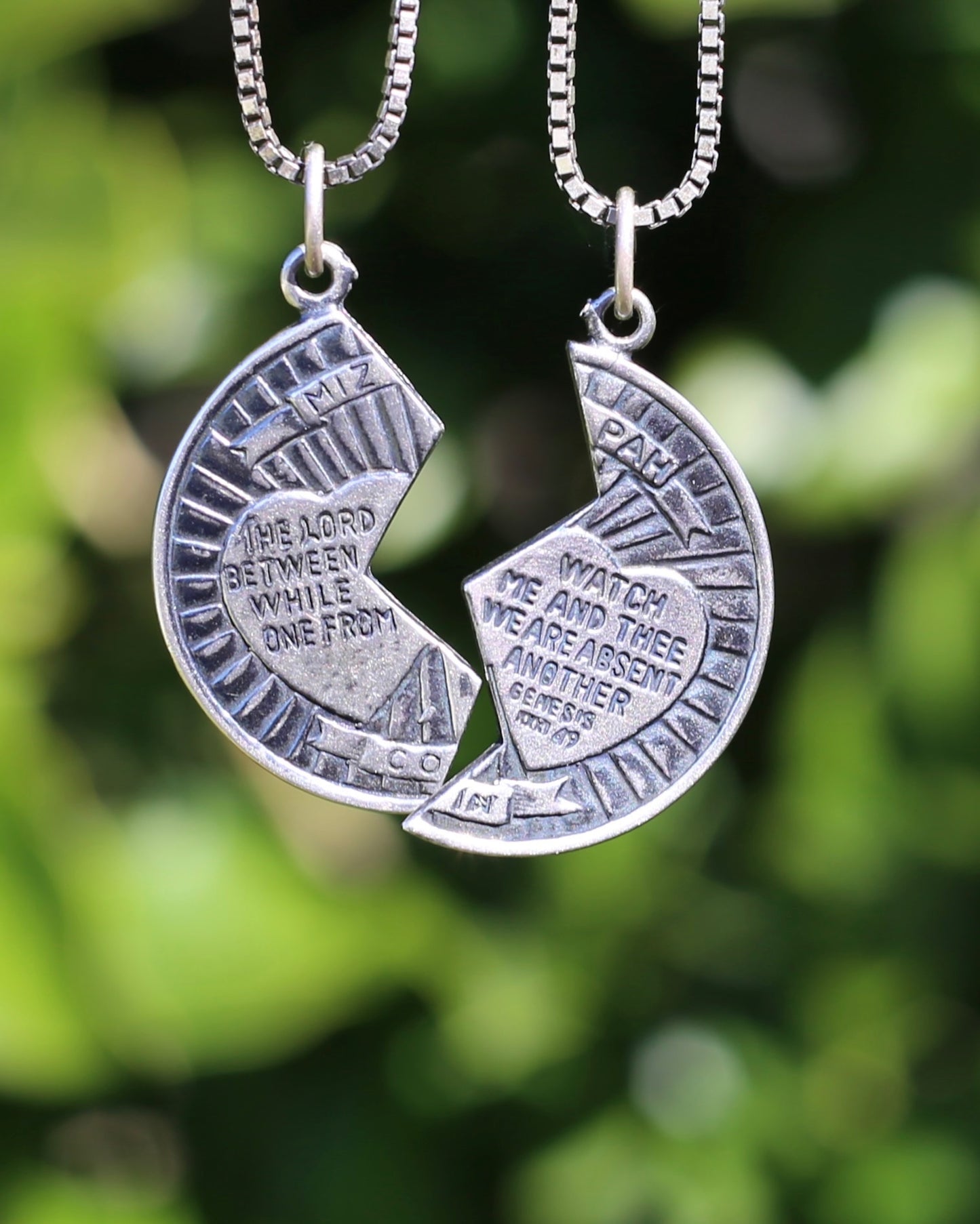 Pair of Vintage Mizpah Pendants on chains, Sterling Silver, 5g (combined) and 7.1g chains