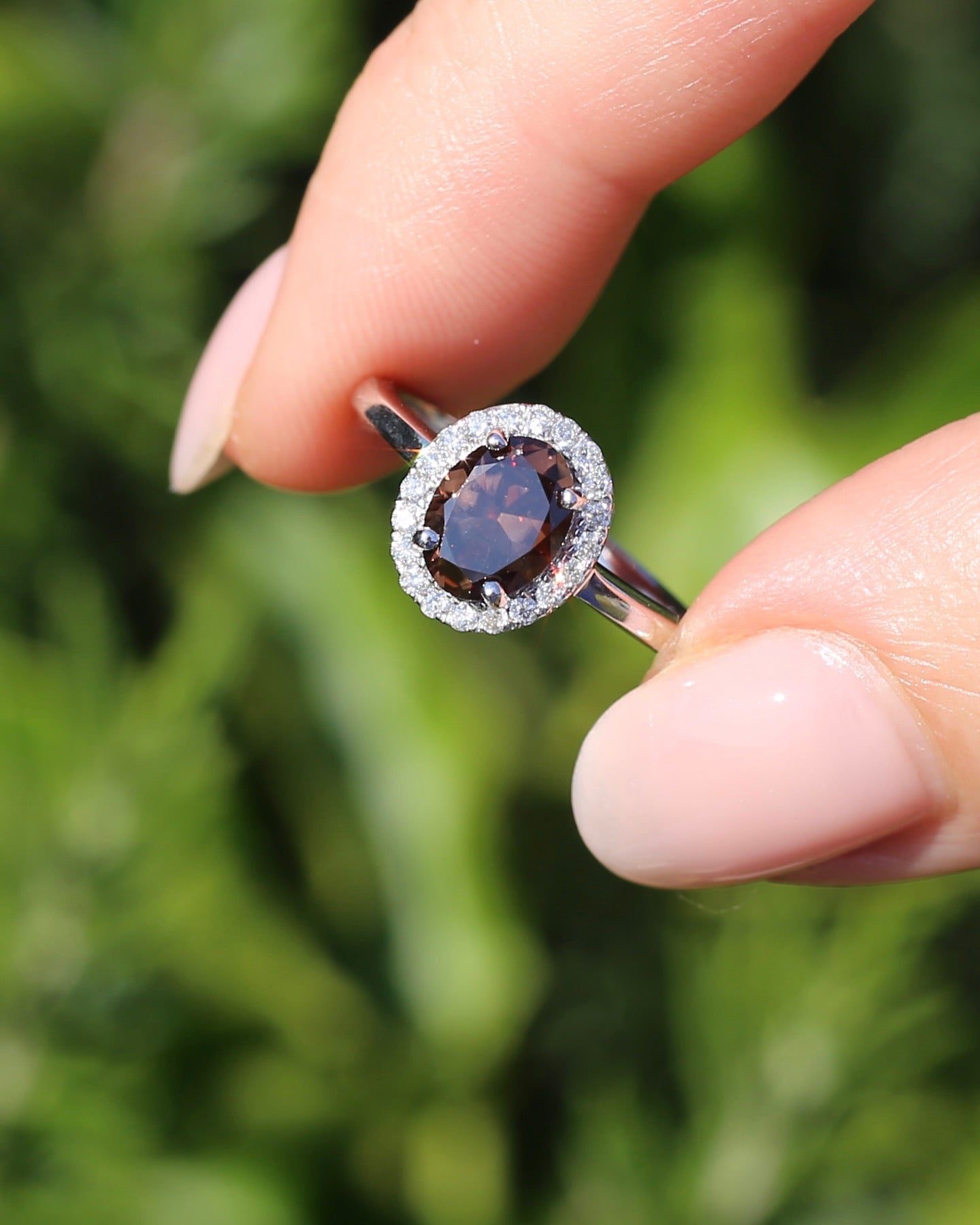 1.82ct Chocolate Australian Zircon with Diamond Halo, 14ct White Gold, size N or 6.75, 3.34g