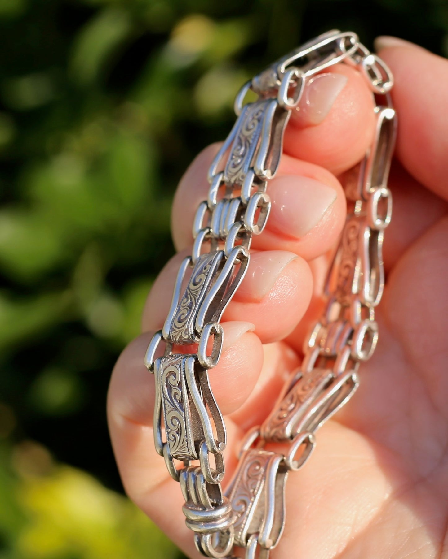 Fancy Link Engraved Bracelet, Sterling Silver, With Italian Bolt Clasp, 24.3g, 19cm