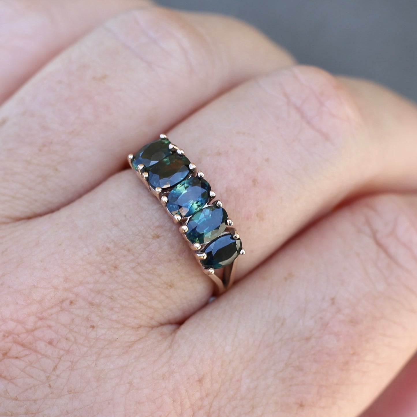 3 Carat Five Stone Parti Sapphire Ring, 9ct Yellow Gold, size R1/2 or nearly 9, with valuation