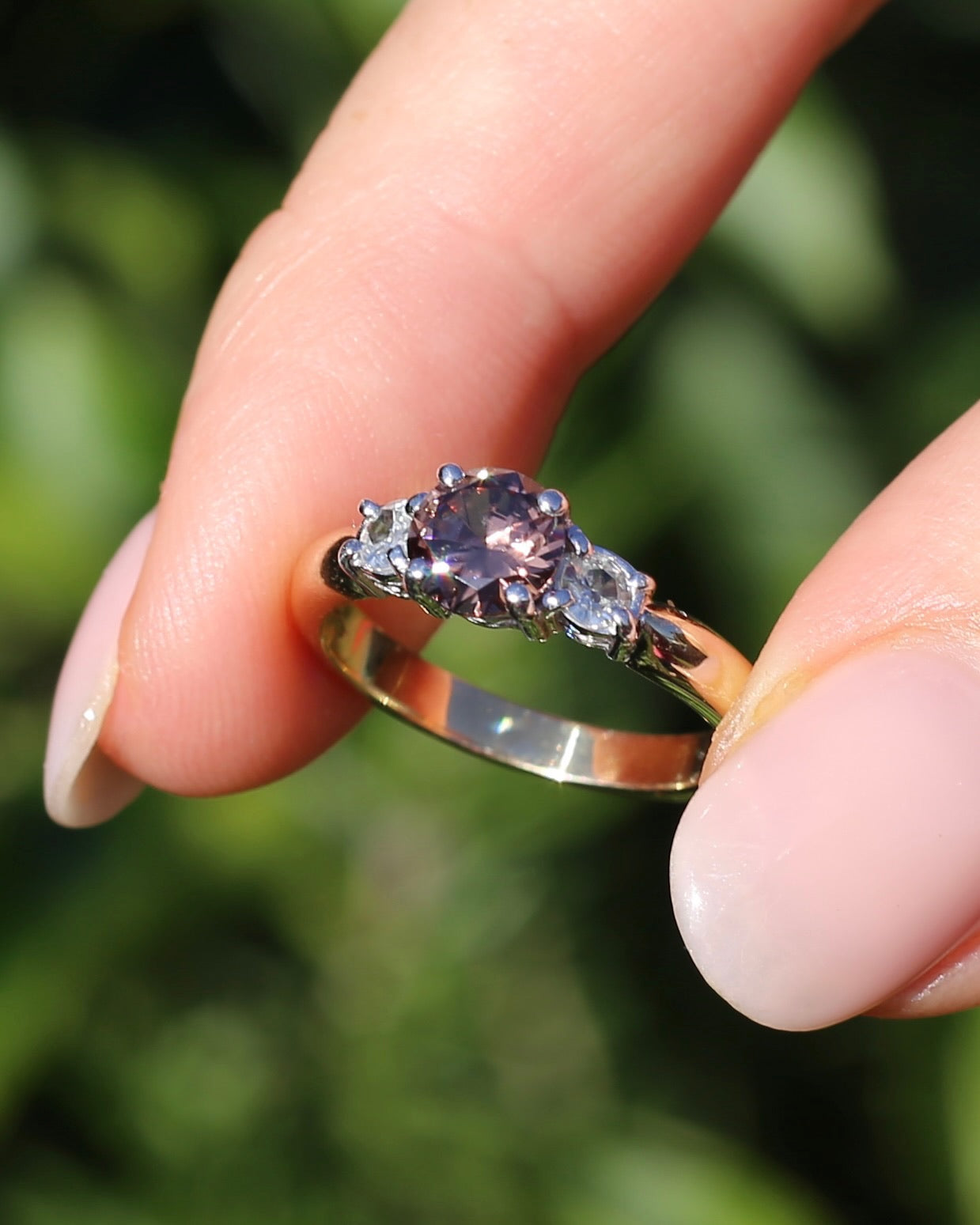 1.31ct Natural Caramel Zircon and Old Cut White Zircon Trilogy Ring, 9ct Gold, size N1/2 or just under 7, 3.72g