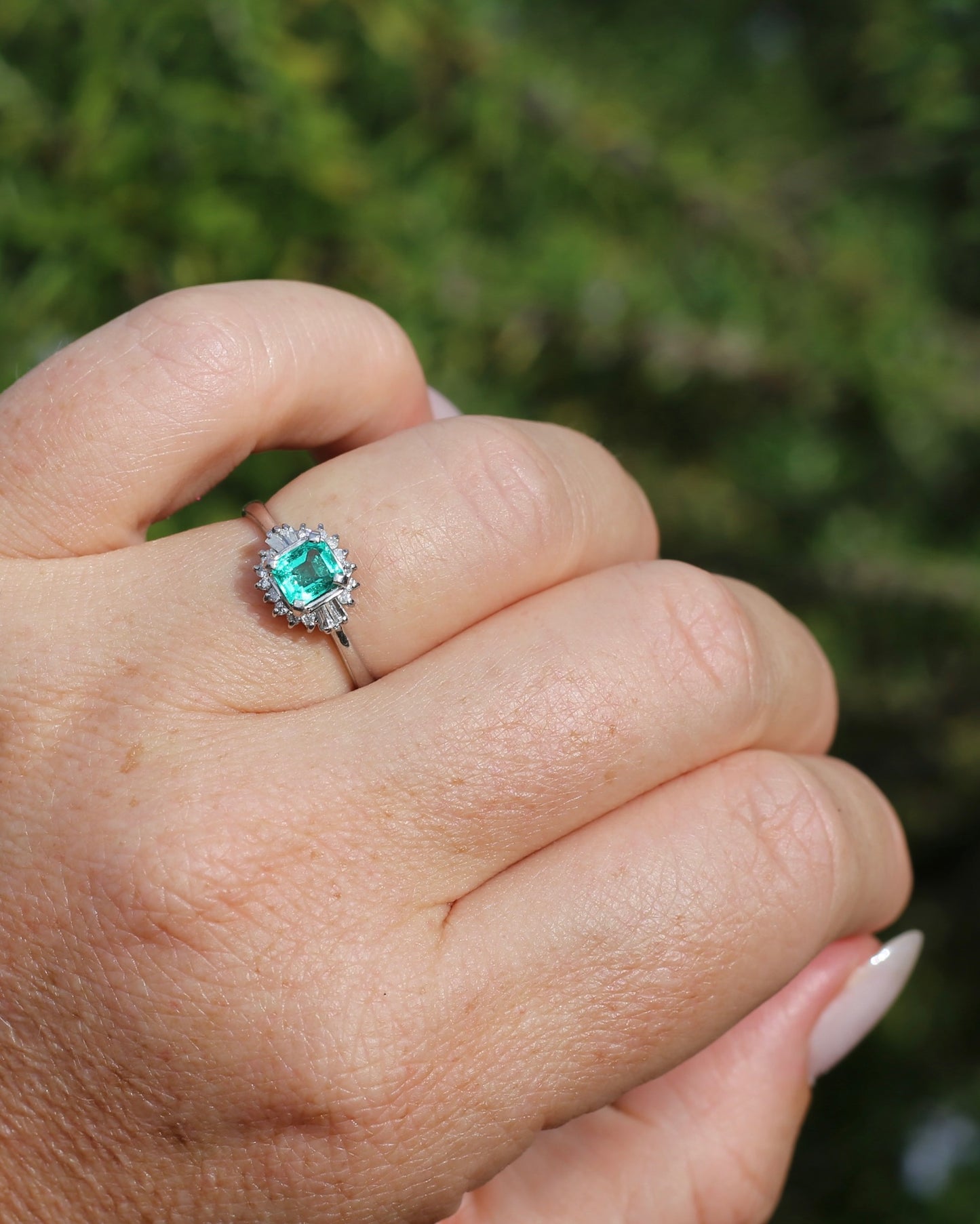 Natural Square Step Cut Emerald and Diamond Baguette Ballerina Skirt, Platinum Ring, size O or 7.25