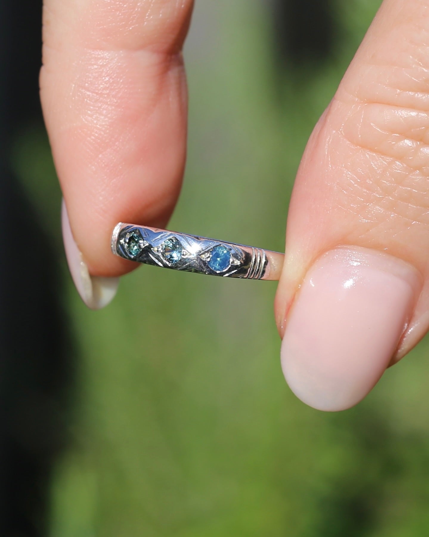 ON HOLD Australian Parti Sapphire Trilogy, 9ct White Gold Band, size N1/2 or just under 7, 2.67g