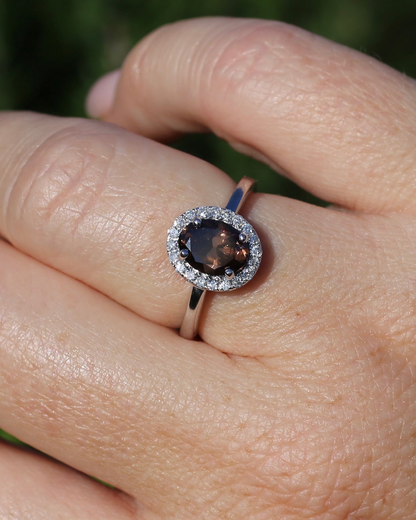 1.82ct Chocolate Australian Zircon with Diamond Halo, 14ct White Gold, size N or 6.75, 3.34g