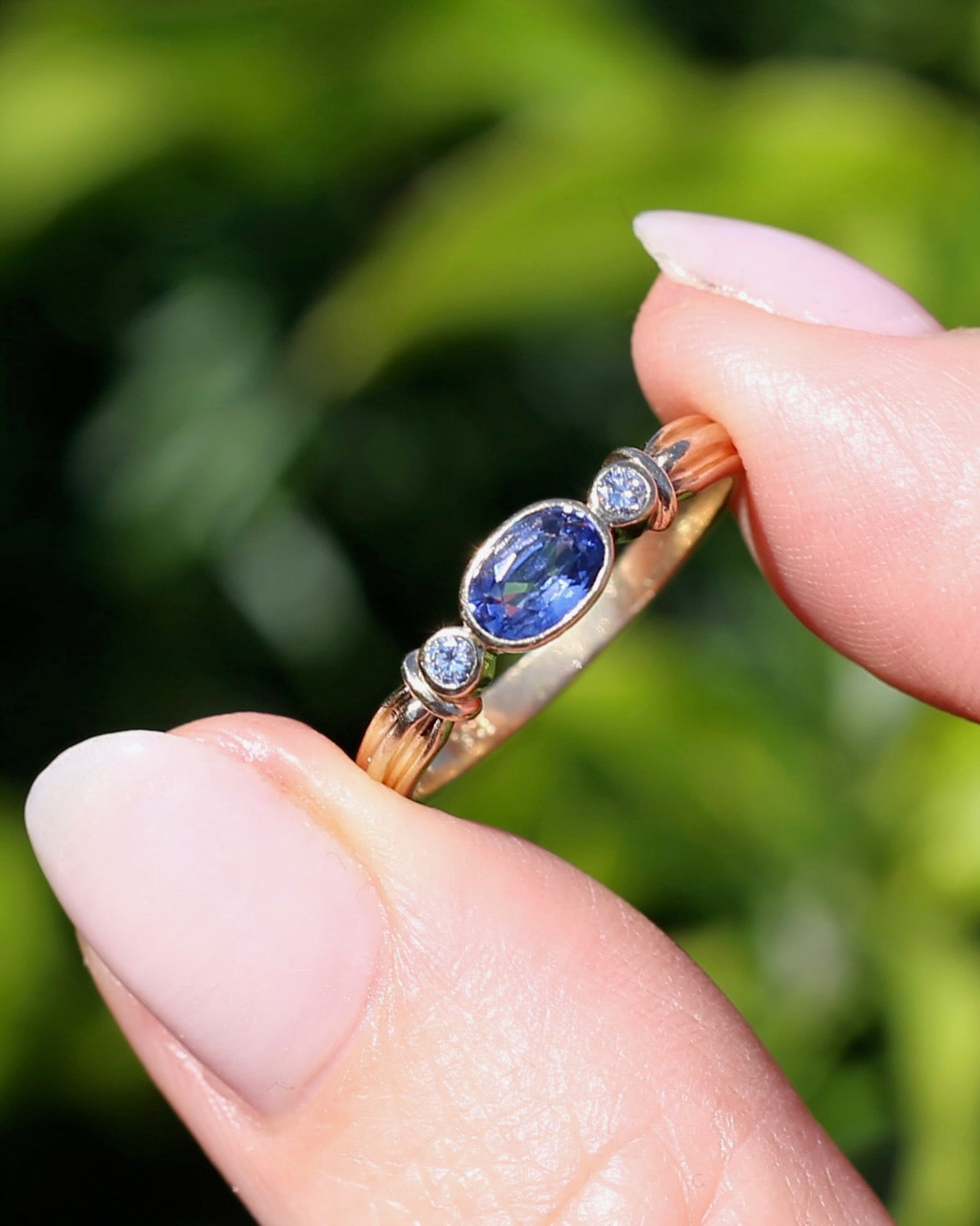 Vintage Bezel Set Cornflower Blue Sapphire and Diamond Ring, 9ct Yellow Gold, size O or 7.25