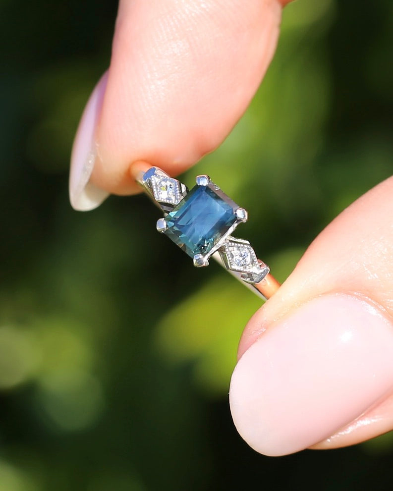 1.09ct Emerald Cut Teal Australian Sapphire With Diamonds in Vintage Trilogy Setting, 9ct Yellow and White Gold, size N1/2 or 6.75, 2.05g