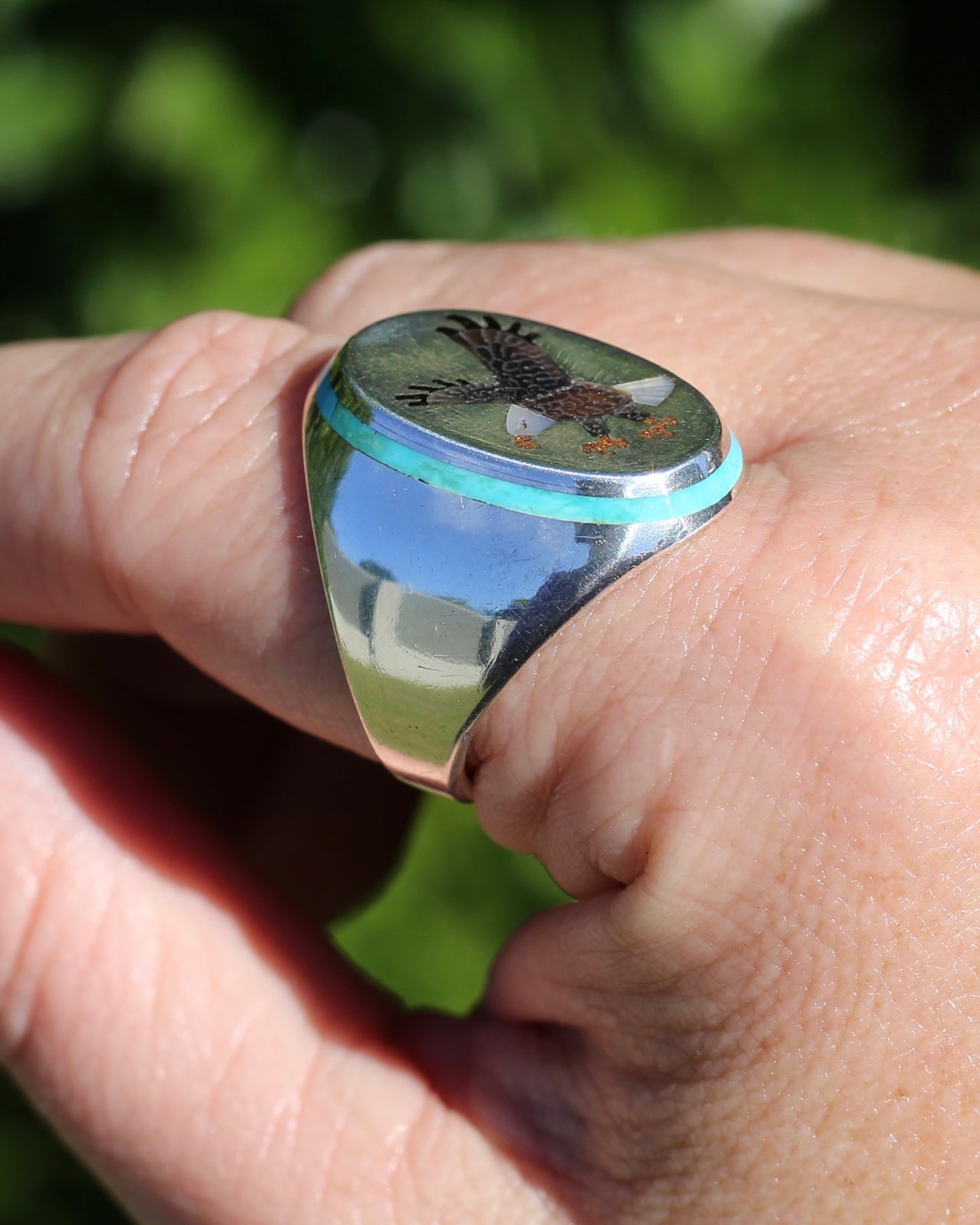 Navajo Artist Benjamin Becenti Inlaid Mother of Pearl and Turquoise Eagle Ring, Sterling Silver, size X1/2 or 11.75