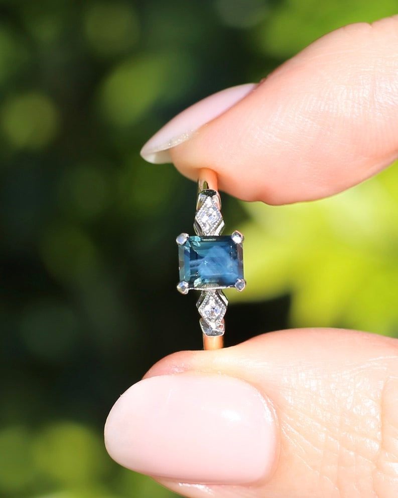 1.09ct Emerald Cut Teal Australian Sapphire With Diamonds in Vintage Trilogy Setting, 9ct Yellow and White Gold, size N1/2 or 6.75, 2.05g