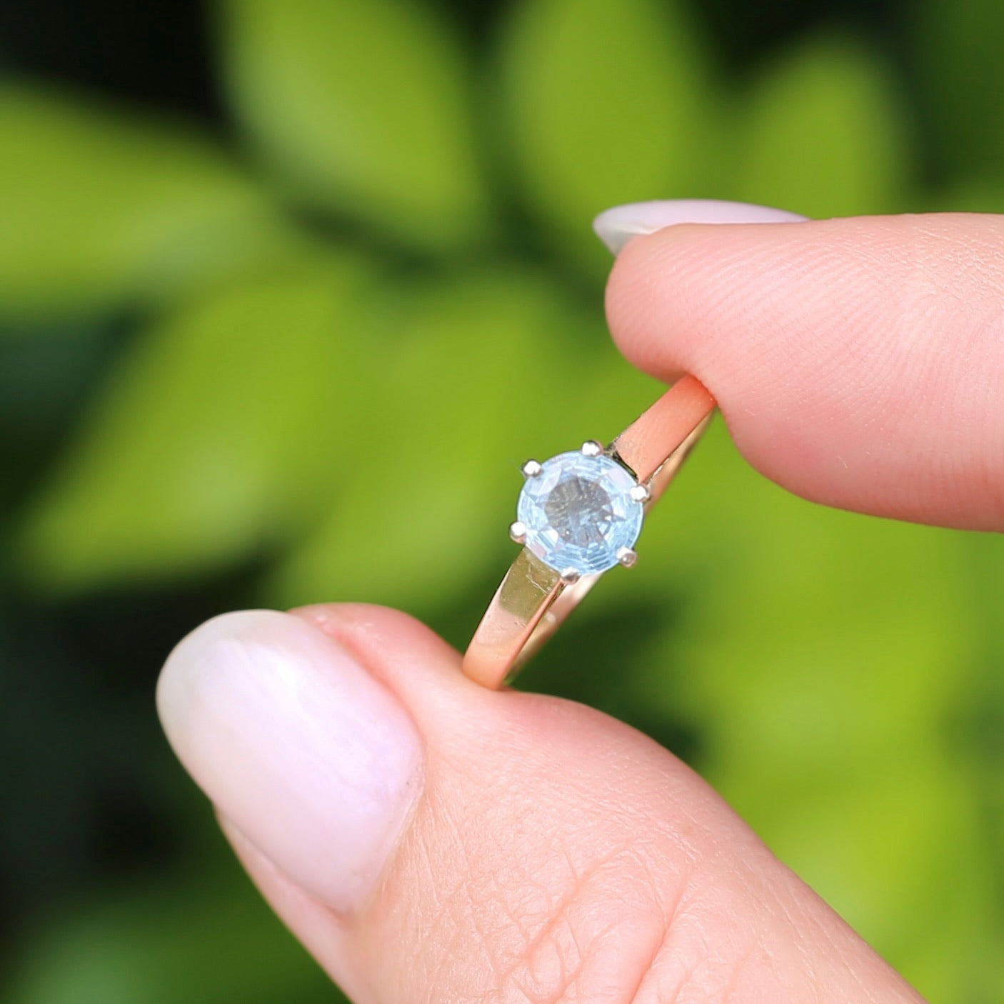 Round Natural Aquamarine Solitaire, 9ct Yellow and White Gold, size O or 7.25