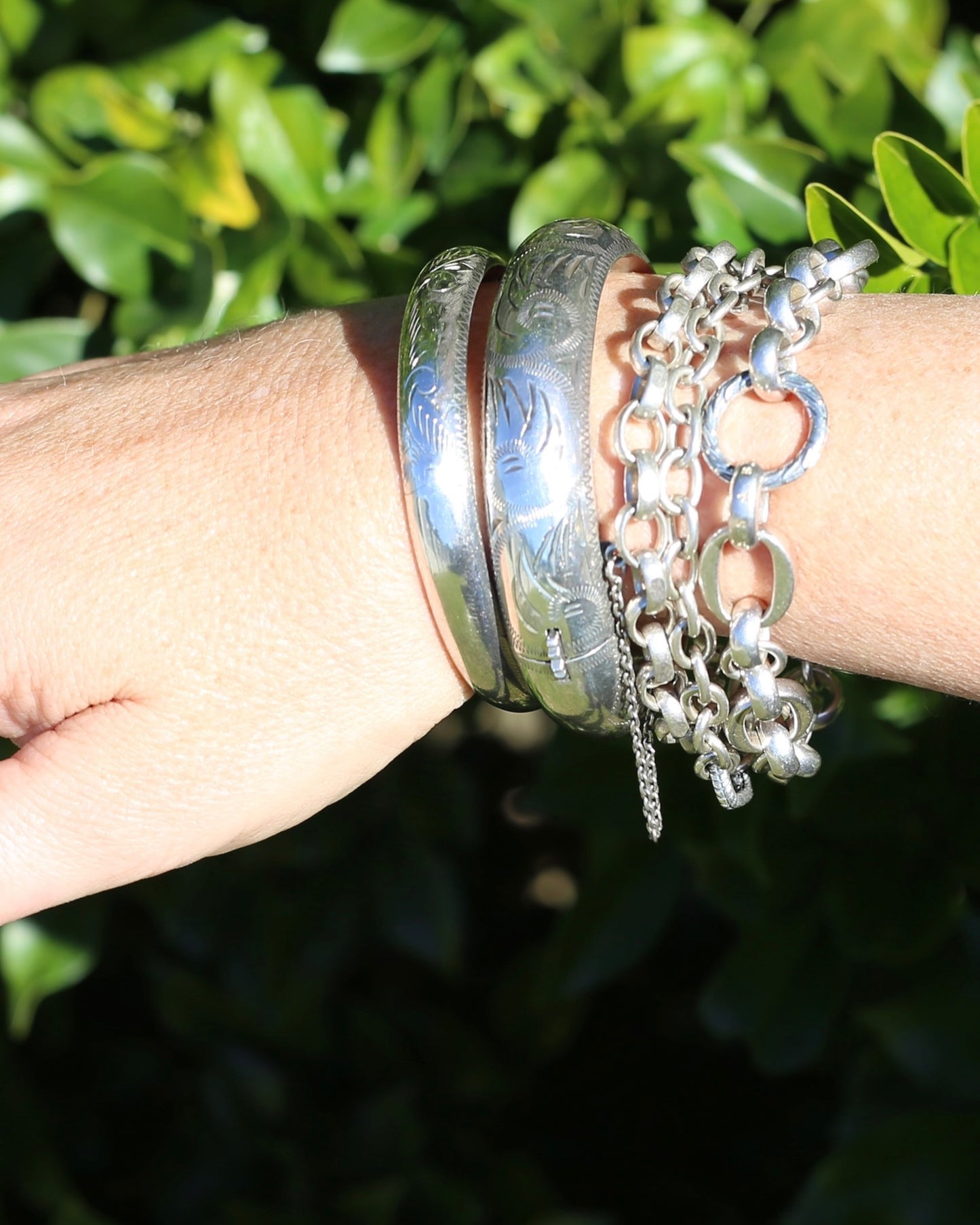 Vintage Hinged Engraved Silver Hollow Bangle, Sterling Silver