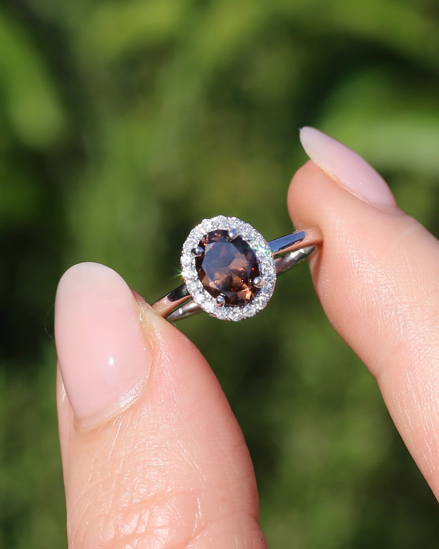 1.82ct Chocolate Australian Zircon with Diamond Halo, 14ct White Gold, size N or 6.75, 3.34g
