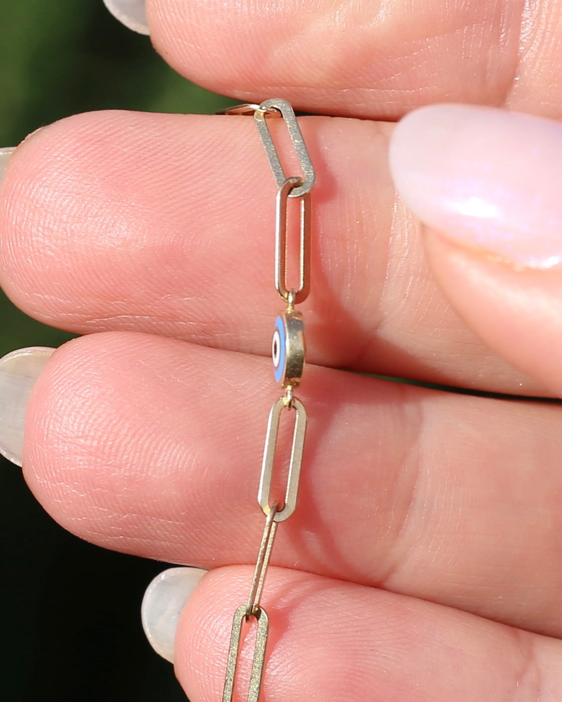 Delicate Paperclip and Enamel Evil Eye Bracelet, 9ct Yellow Gold, 19.5cm or 7.75inches