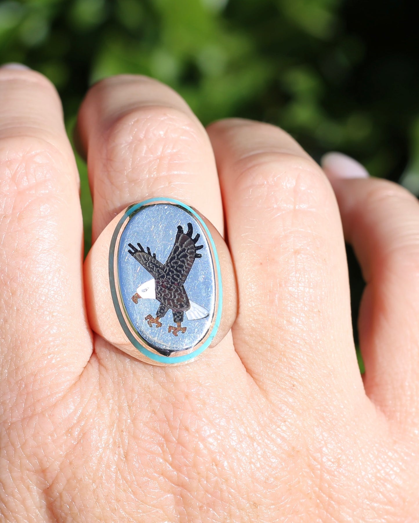 Navajo Artist Benjamin Becenti Inlaid Mother of Pearl and Turquoise Eagle Ring, Sterling Silver, size X1/2 or 11.75