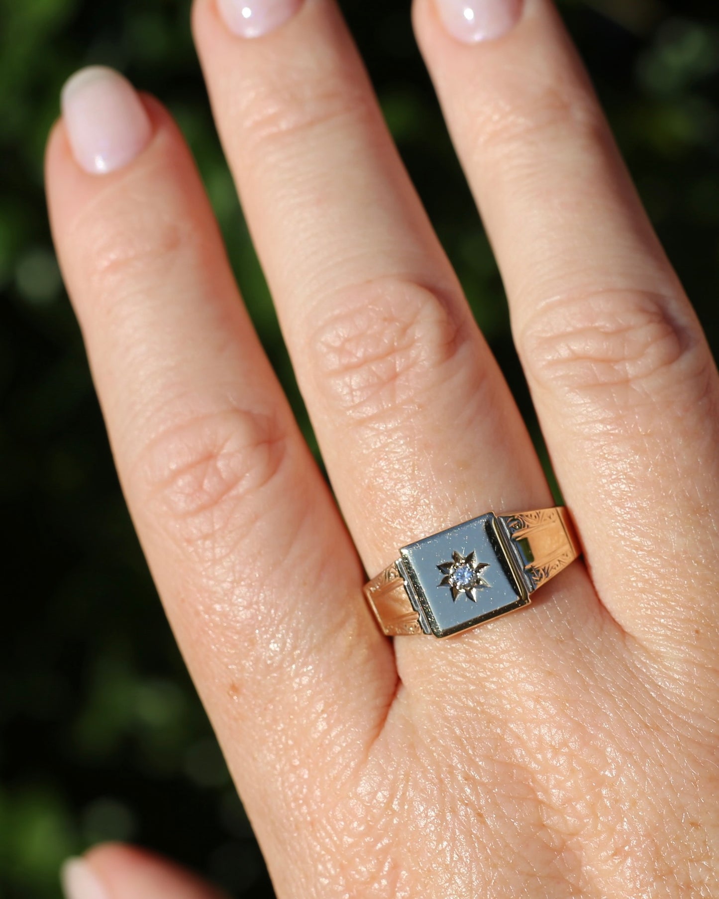 1984 Made Vintage Star Set Diamond Signet Ring, 9ct Yellow Gold, size V or 10.5