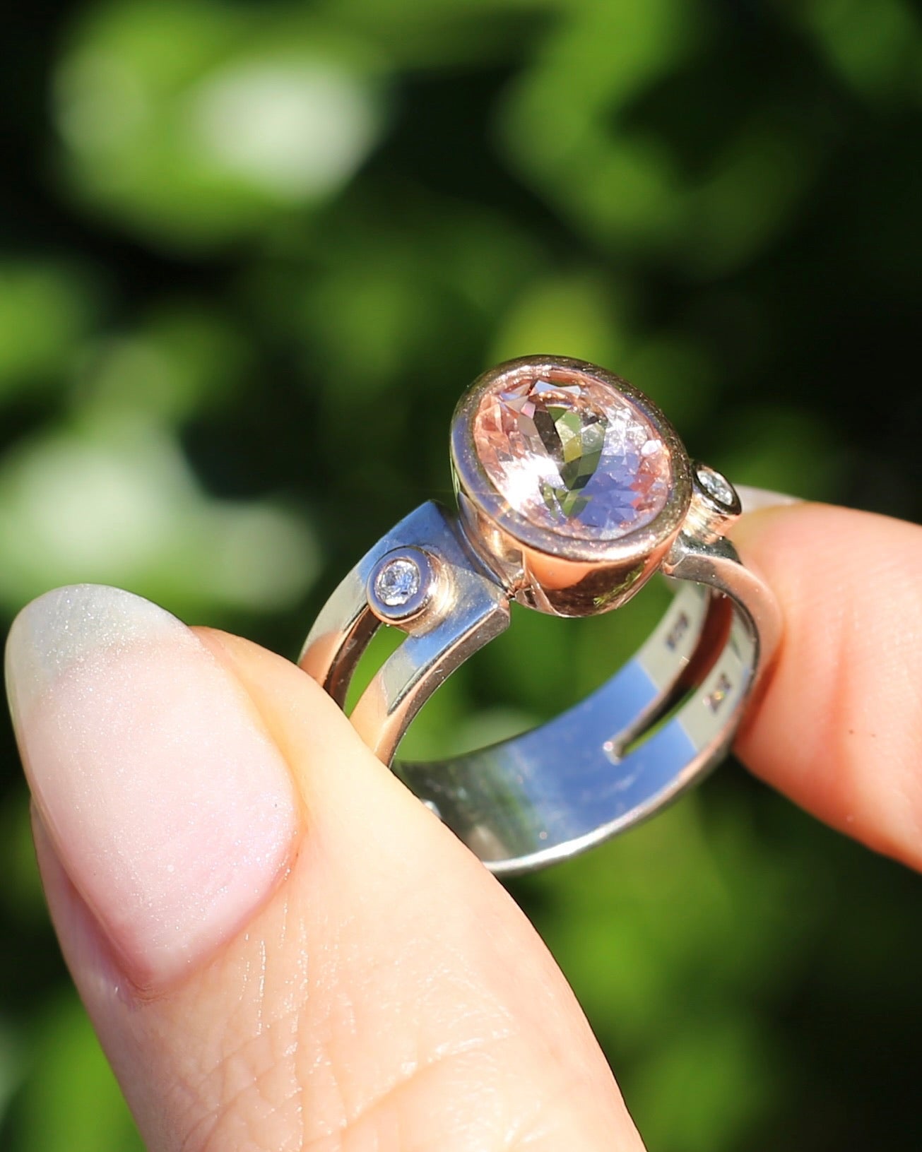 Chunky Bezel Set Morganite and Diamond Ring, 9ct Rose Gold and Silver, size P or 7.5 (fits smaller)