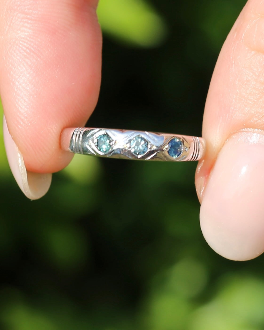 ON HOLD Australian Parti Sapphire Trilogy, 9ct White Gold Band, size N1/2 or just under 7, 2.67g