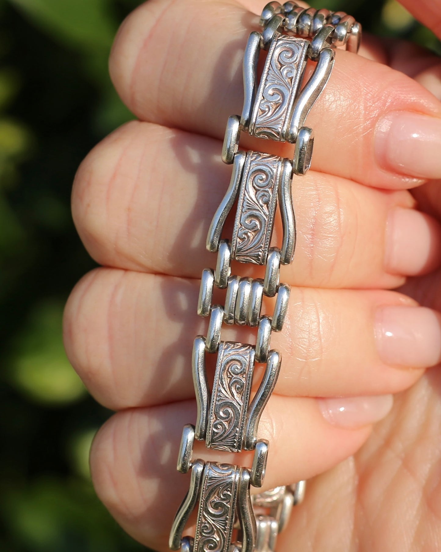 Fancy Link Engraved Bracelet, Sterling Silver, With Italian Bolt Clasp, 24.3g, 19cm