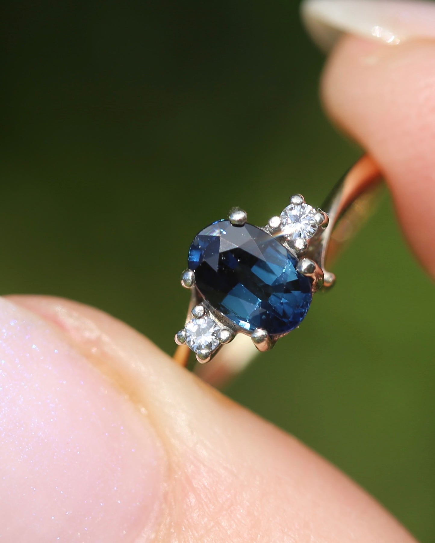 Vintage Natural Sapphire and Diamond Trilogy, 9ct Yellow and White Gold, size J or 4.75