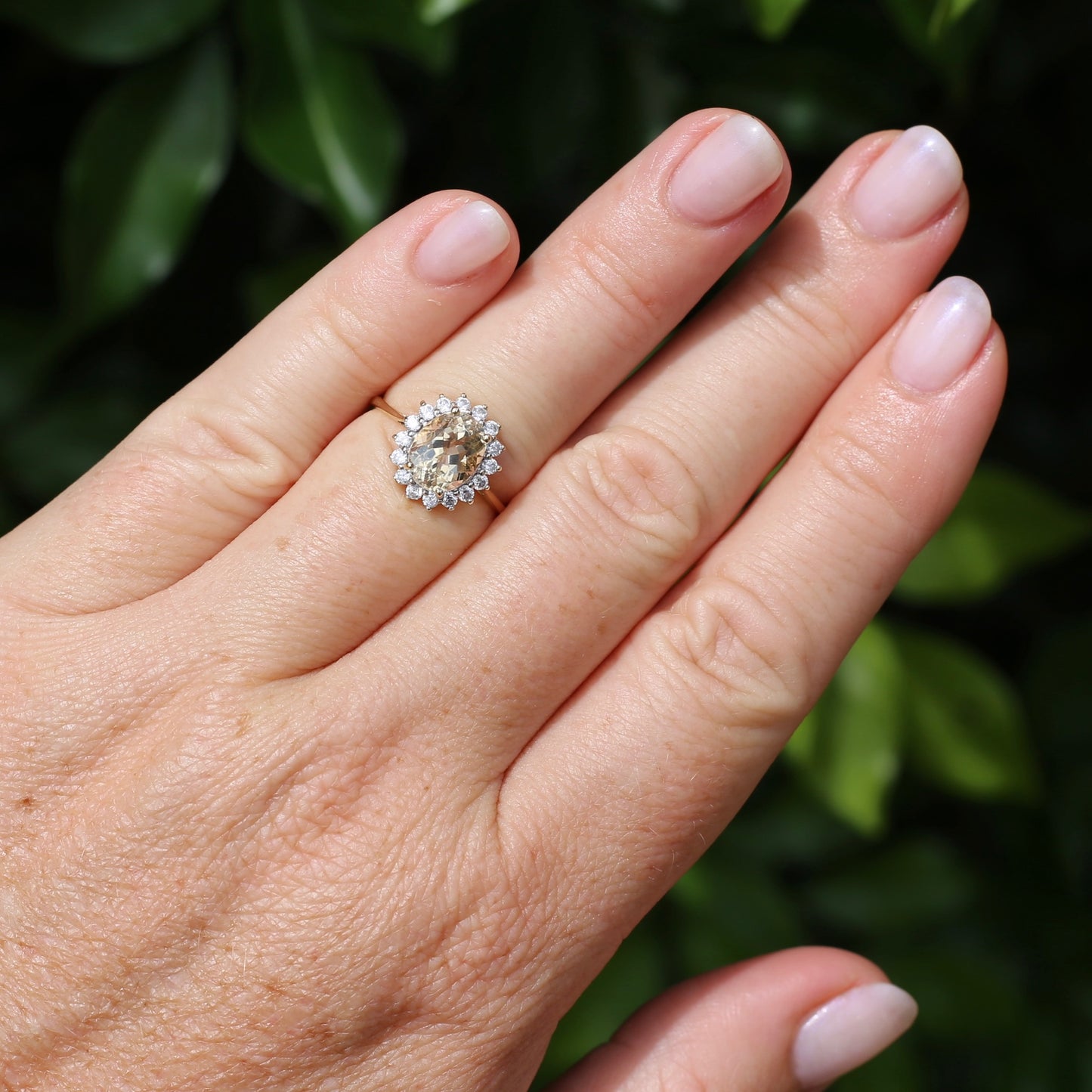 1.47ct Rare Light Pinkish Yellow Feldspar (Orthoclase) with Diamond Halo, 9ct Yellow Gold, size M or 6.25, with valuation