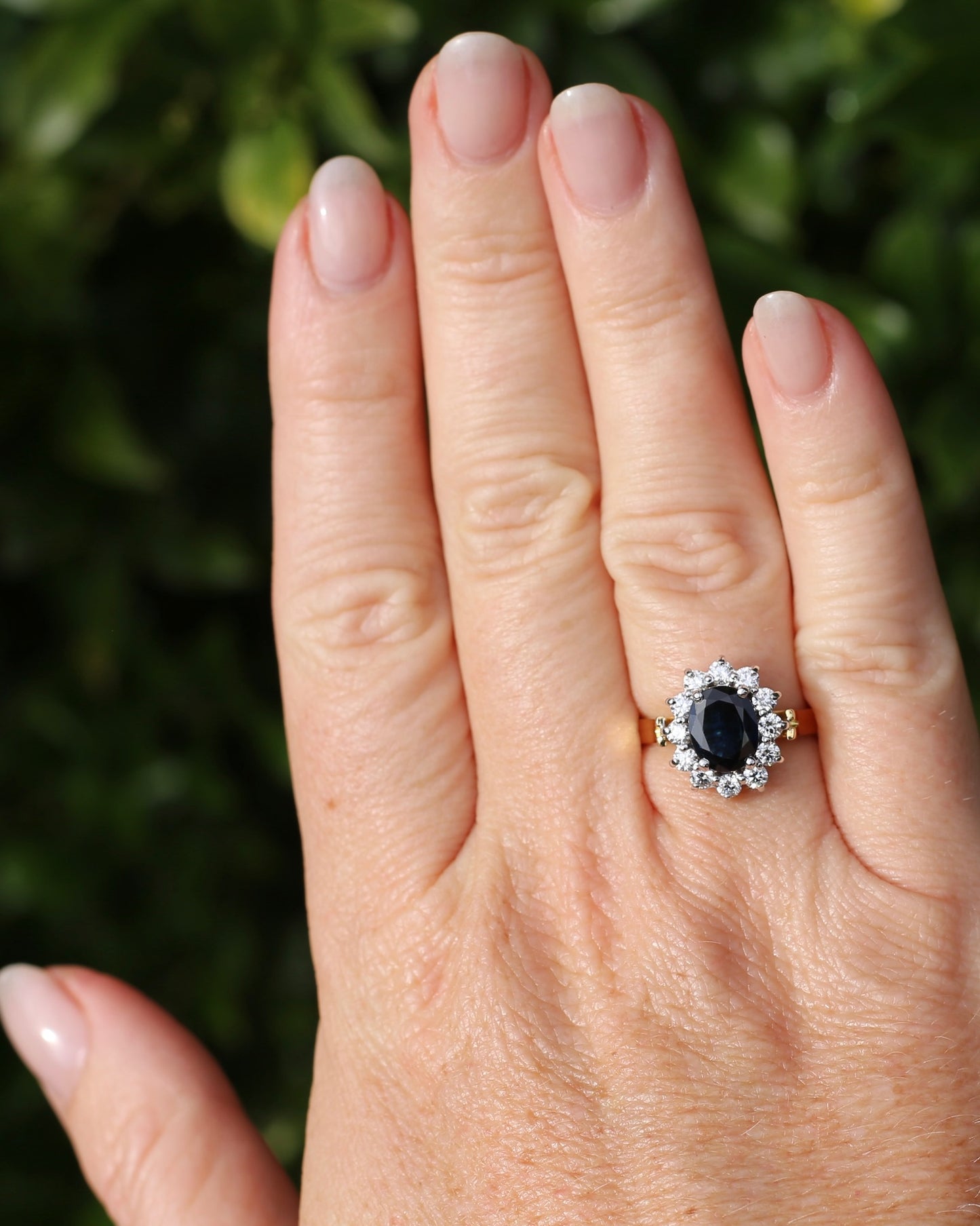 Vintage c1980s Diana Halo, Natural Sapphire and Diamond Halo, 18ct Yellow and White Gold, size P or 7.75 with valuation