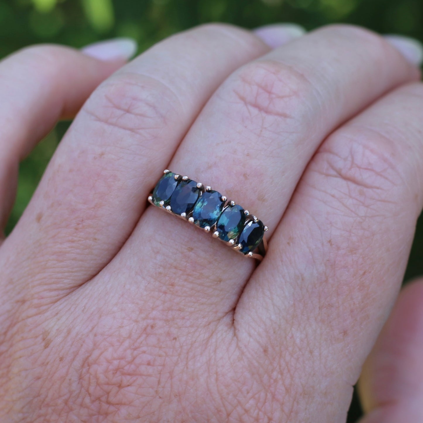 3 Carat Five Stone Parti Sapphire Ring, 9ct Yellow Gold, size R1/2 or nearly 9, with valuation