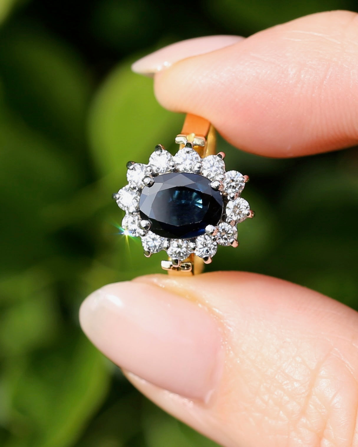 Vintage c1980s Diana Halo, Natural Sapphire and Diamond Halo, 18ct Yellow and White Gold, size P or 7.75 with valuation