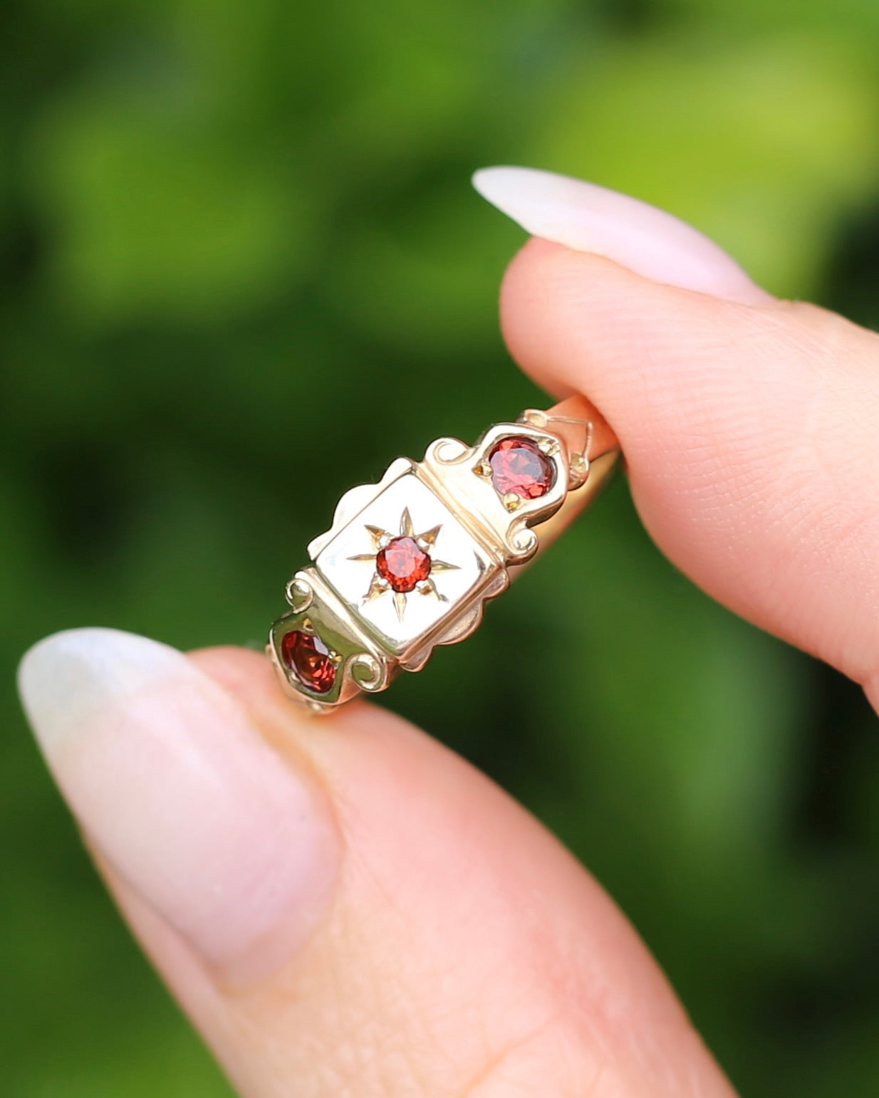 Victorian Revival Garnet Trilogy Star Set Ring, 9ct Yellow Gold, size O1/2 or just over 7.25