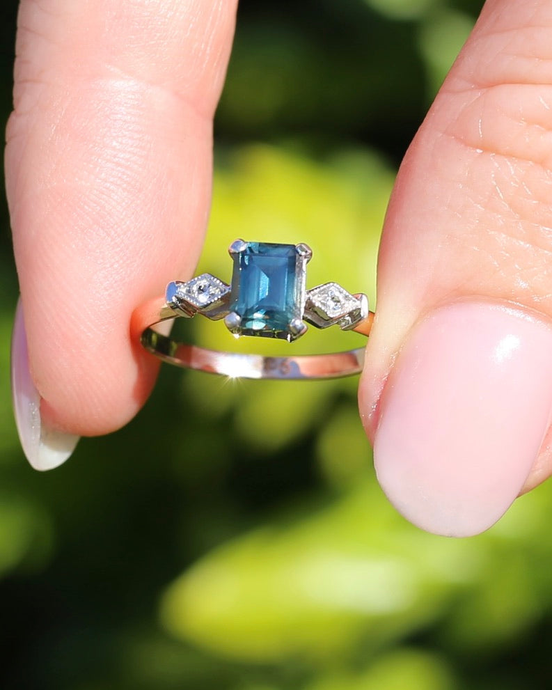 1.09ct Emerald Cut Teal Australian Sapphire With Diamonds in Vintage Trilogy Setting, 9ct Yellow and White Gold, size N1/2 or 6.75, 2.05g