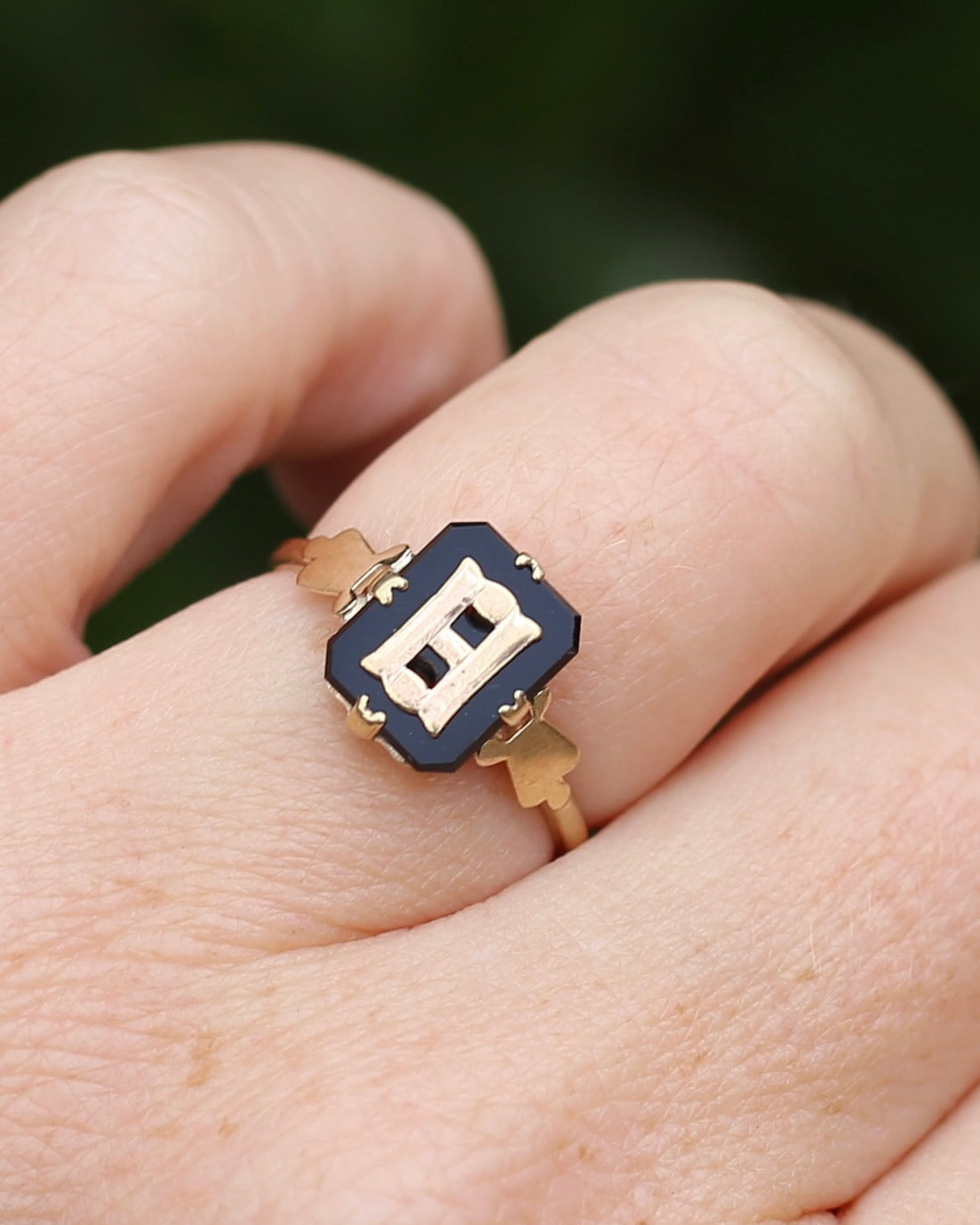 "H/B" Vintage Onyx and 9ct Yellow Gold Signet Ring, 9ct Yellow Gold, size N1/2 or 6.75
