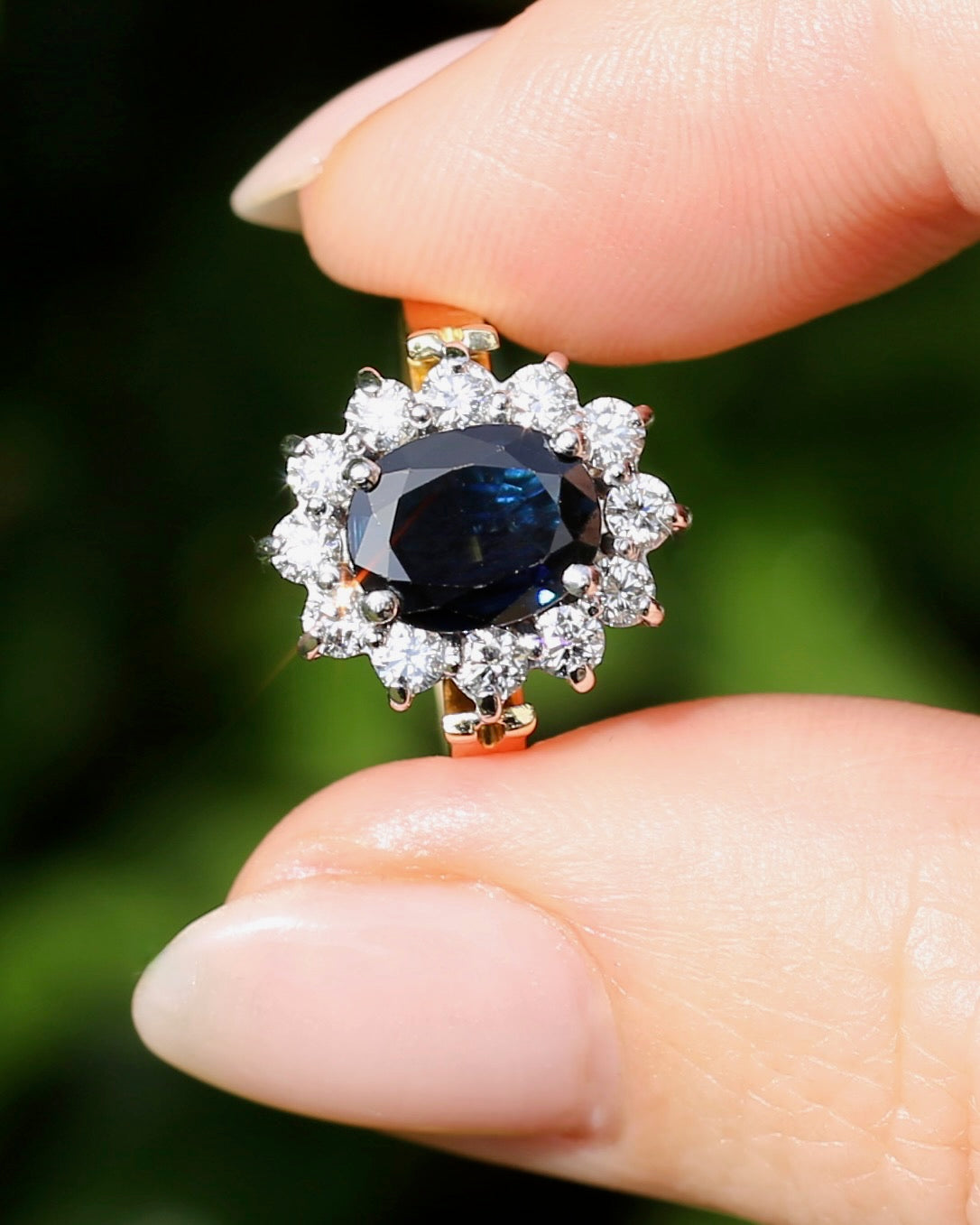 Vintage c1980s Diana Halo, Natural Sapphire and Diamond Halo, 18ct Yellow and White Gold, size P or 7.75 with valuation