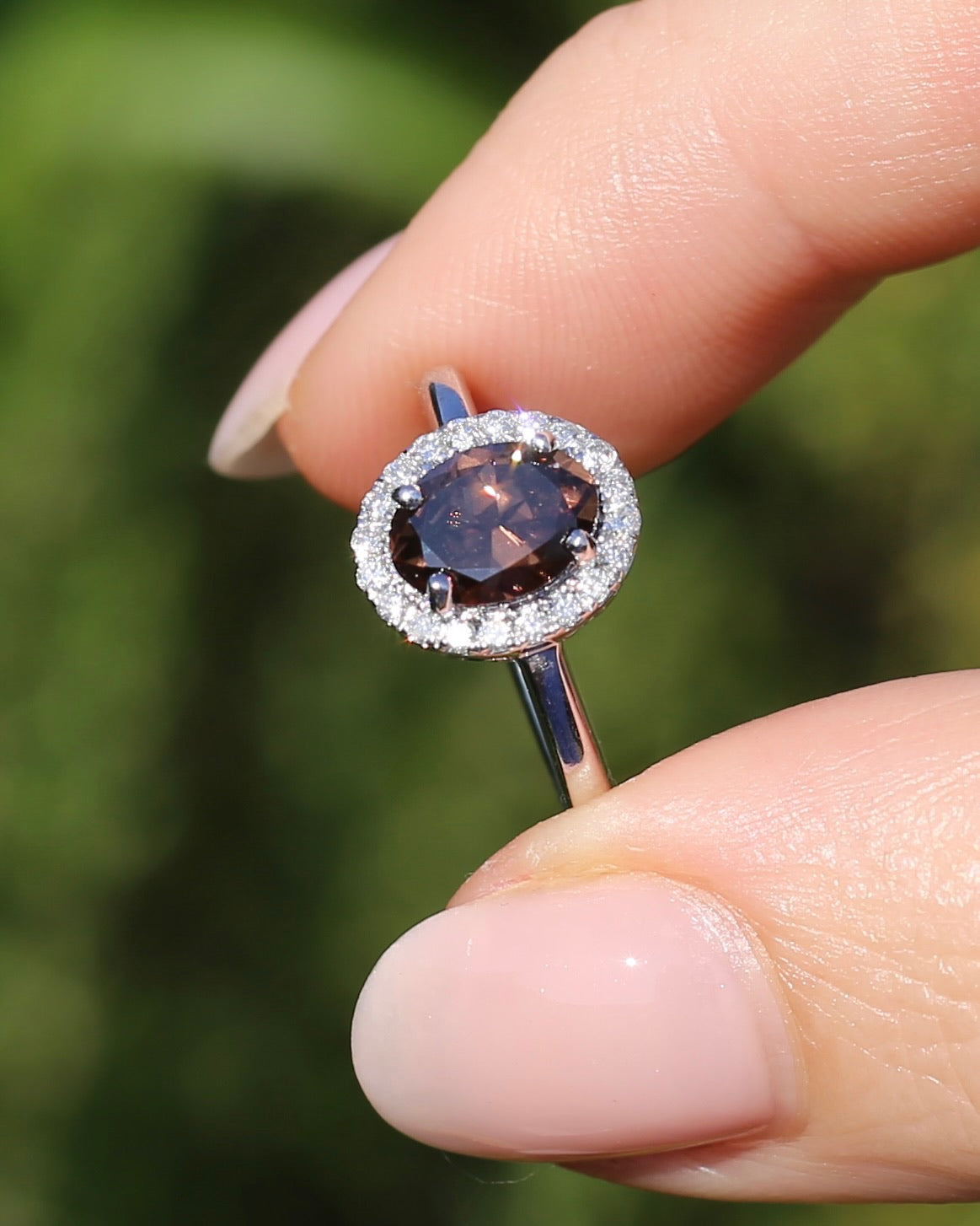 1.82ct Chocolate Australian Zircon with Diamond Halo, 14ct White Gold, size N or 6.75, 3.34g