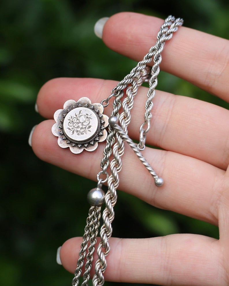 Antique 1896 Double Albertina Necklace with T-bar and Floral Pendant, Sterling Silver, 18.85g