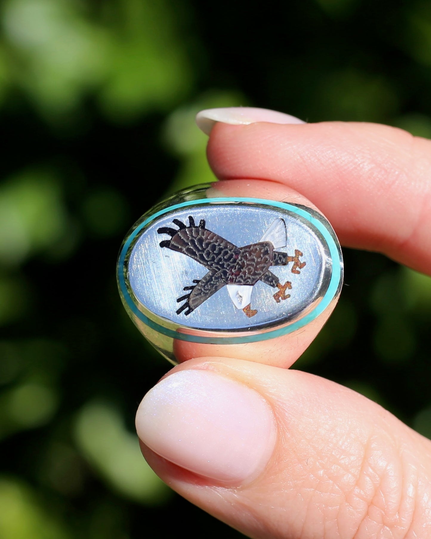 Navajo Artist Benjamin Becenti Inlaid Mother of Pearl and Turquoise Eagle Ring, Sterling Silver, size X1/2 or 11.75