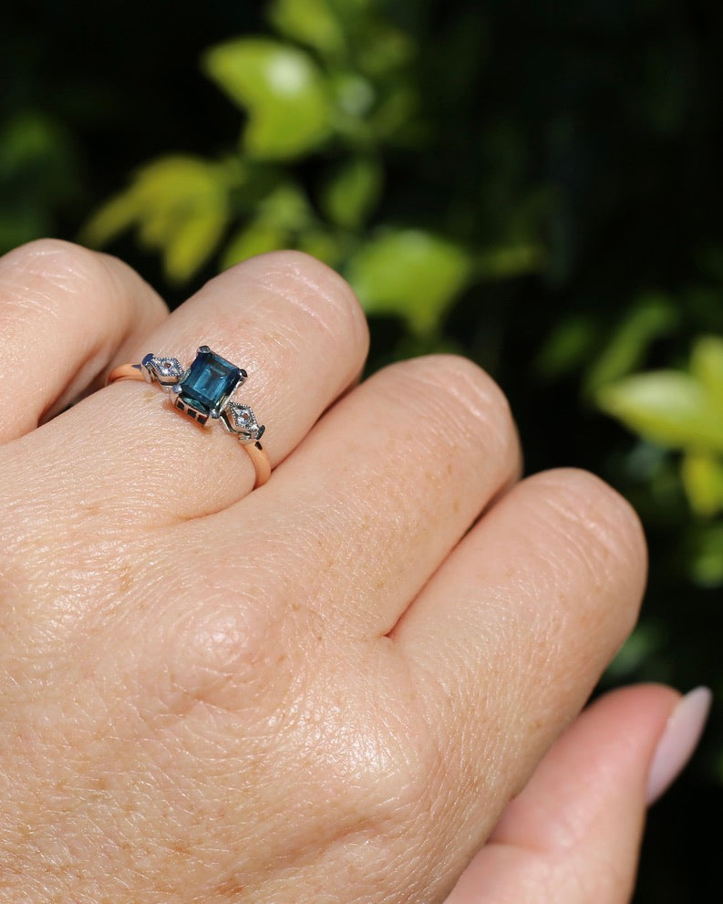 1.09ct Emerald Cut Teal Australian Sapphire With Diamonds in Vintage Trilogy Setting, 9ct Yellow and White Gold, size N1/2 or 6.75, 2.05g