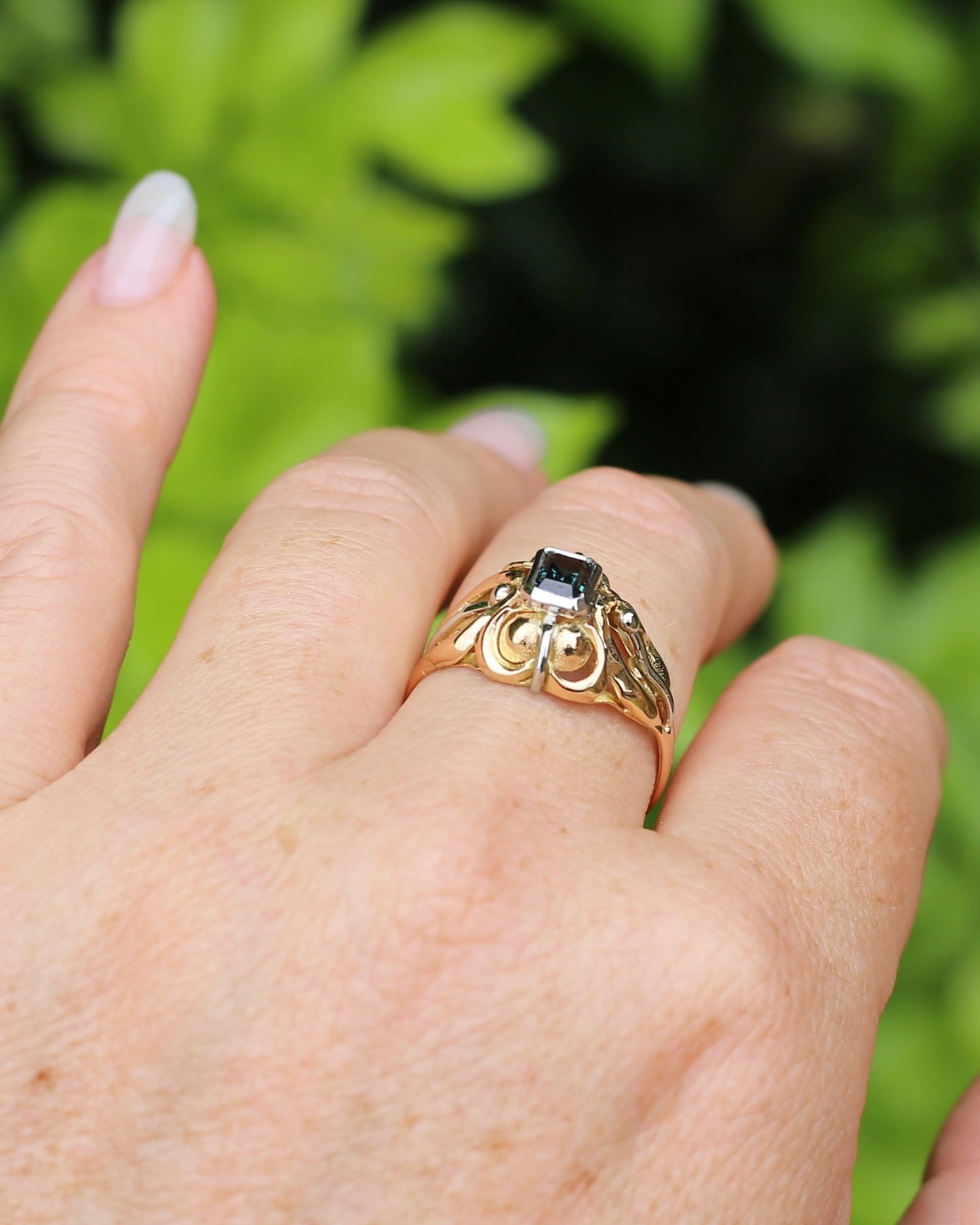 East African Emerald Cut Teal Parti Sapphire in 1940s Italian Made 18ct Mixed Metal Handmade ring, size S or 9.25 with valuation