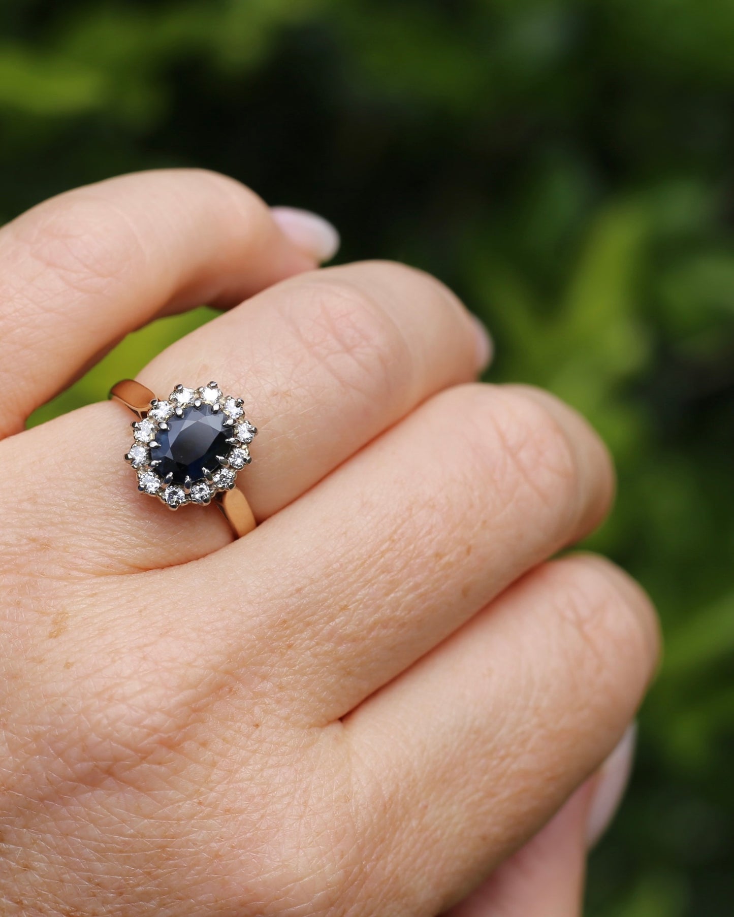 Vintage Natural Sapphire and Diamond Halo, 9ct Yellow and White Gold, size N1/2 or 7
