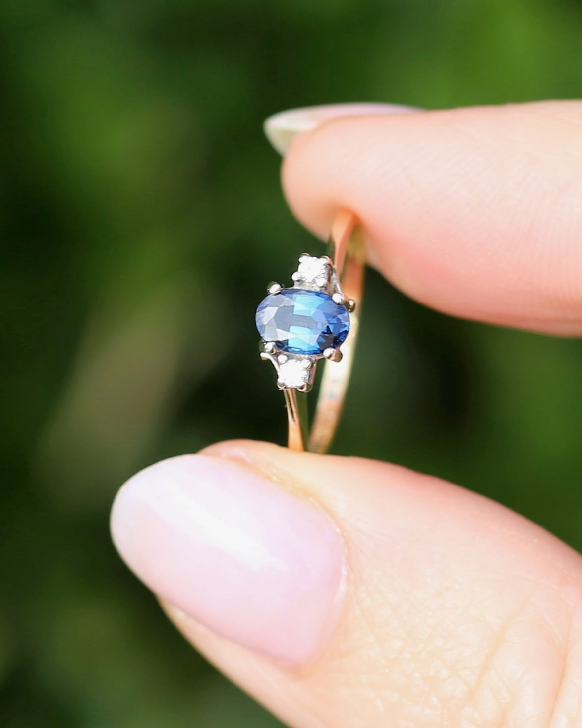 Vintage Natural Sapphire and Diamond Trilogy, 9ct Yellow and White Gold, size J or 4.75