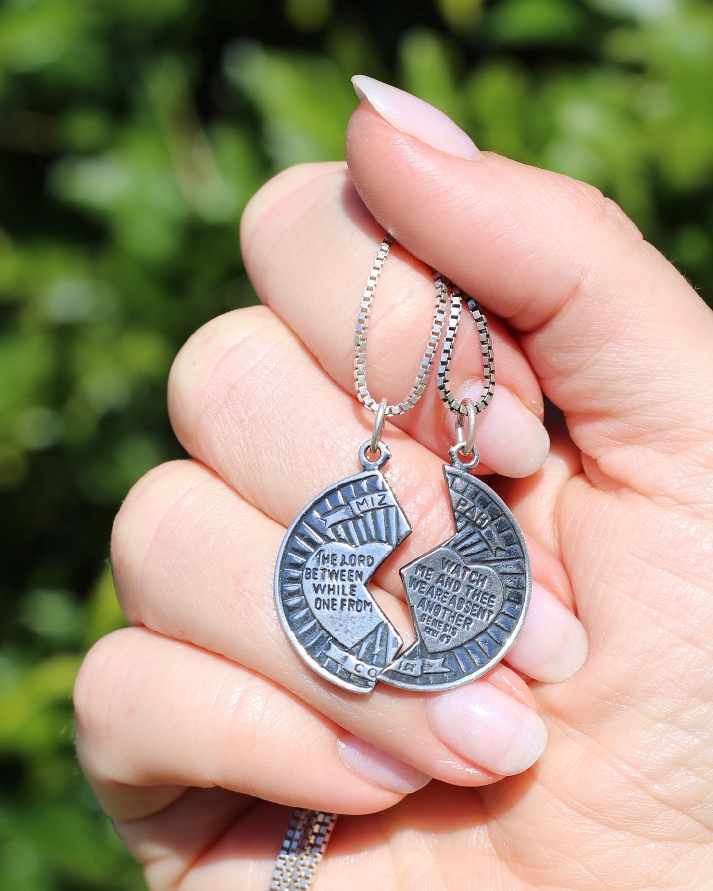 Pair of Vintage Mizpah Pendants on chains, Sterling Silver, 5g (combined) and 7.1g chains