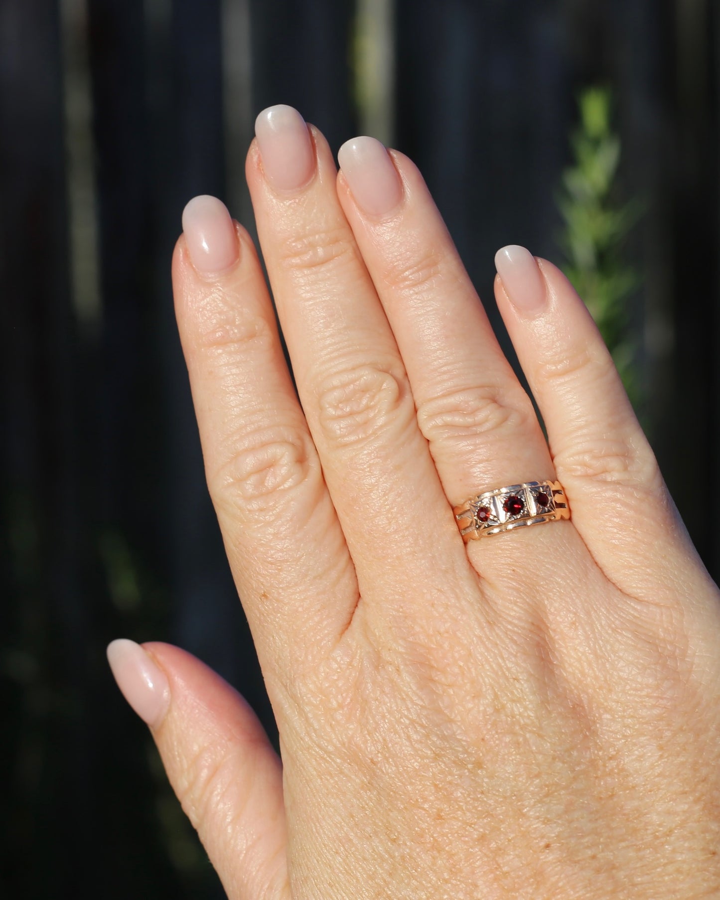 Vintage Victorian Revival Garnet Trilogy Star Set Ring, 9ct Rosey Gold, size P or 7.75, 3.16g
