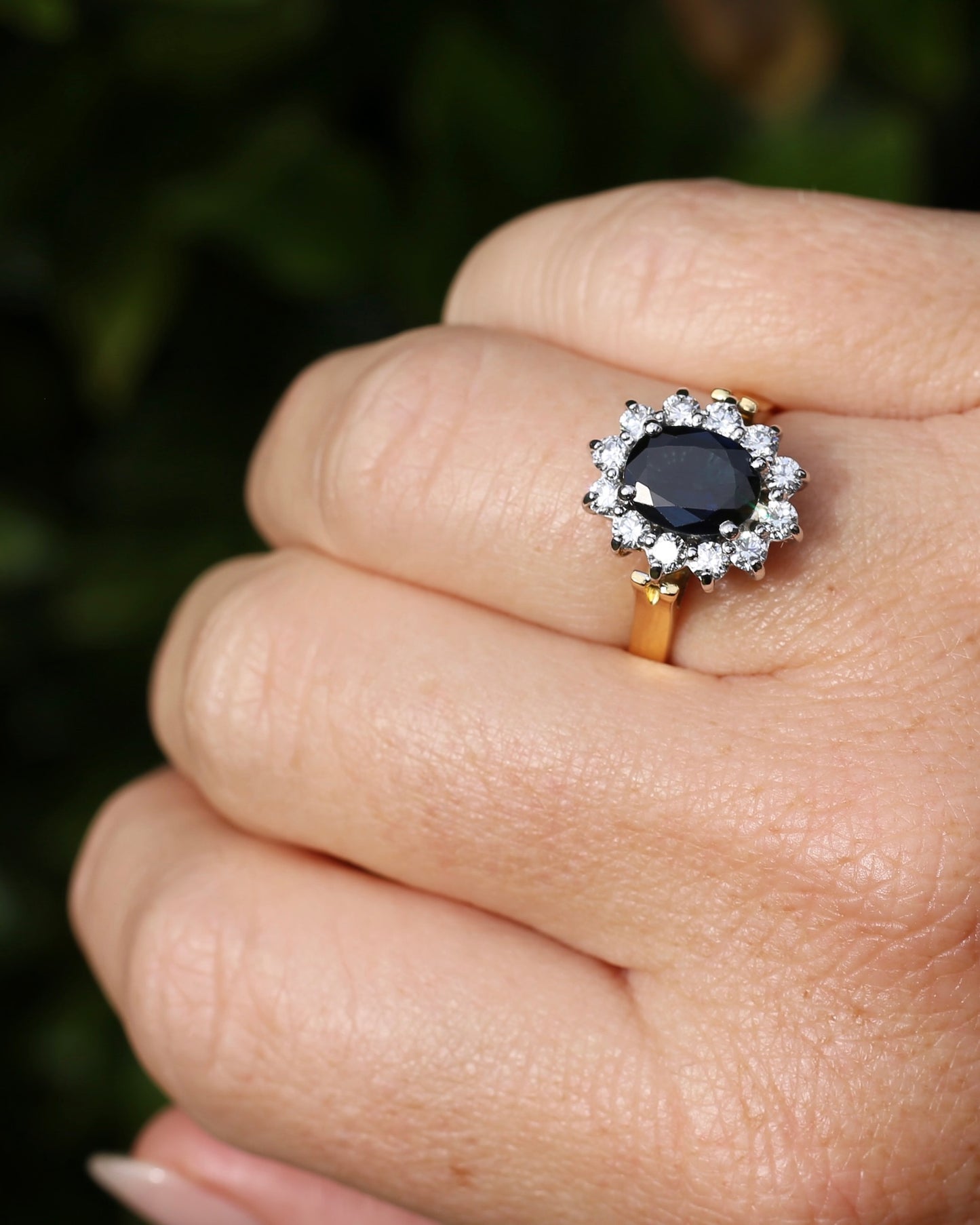 Vintage c1980s Diana Halo, Natural Sapphire and Diamond Halo, 18ct Yellow and White Gold, size P or 7.75 with valuation
