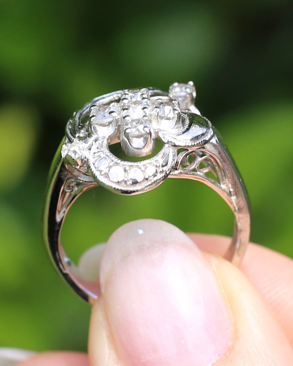 Old Cut and Early Brilliant Cluster Clover Ring, 9ct White Gold, size O or 7