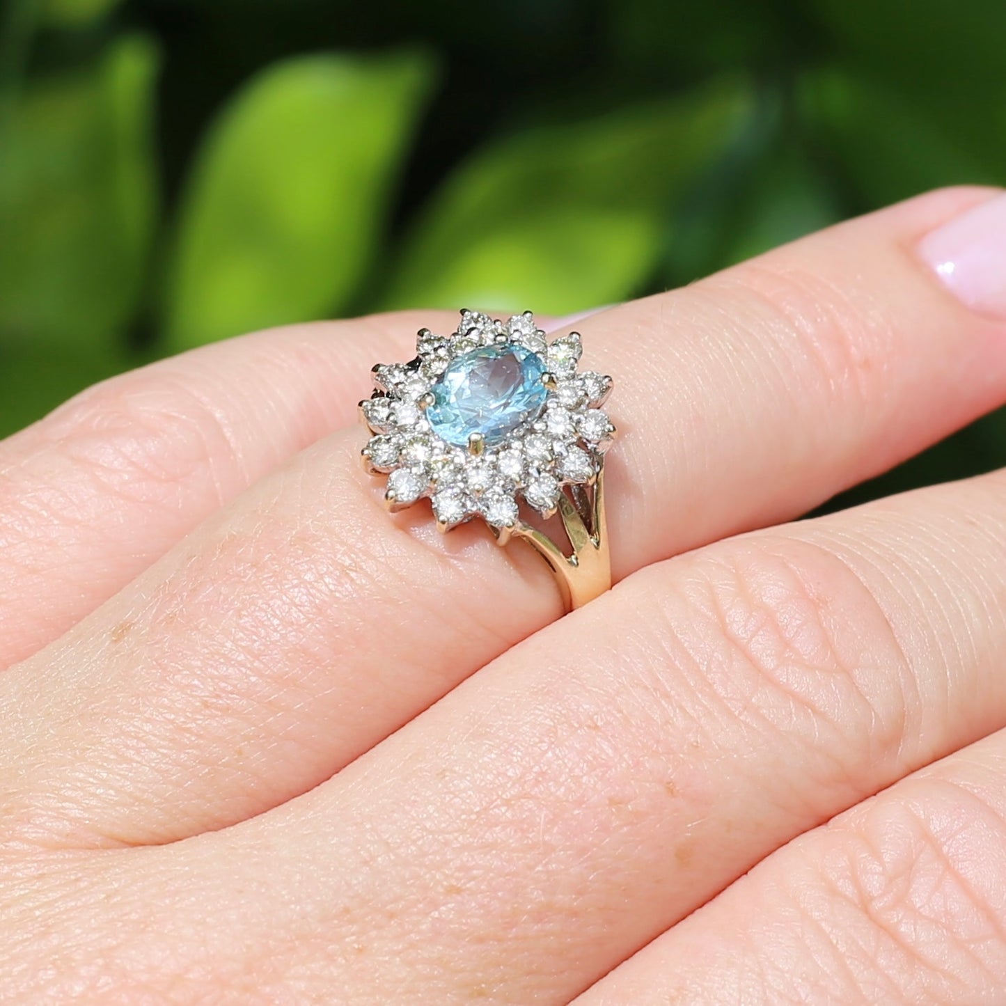 1.1ct Oval Aquamarine and Double Diamond Halo (0.88ct), 9ct White and Yellow Gold, size 6.25 or M